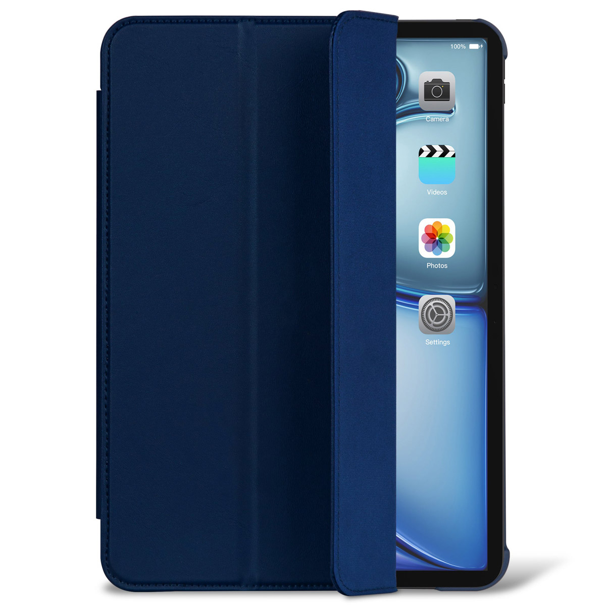 Una custodia per tablet blu con un tablet all'interno. Lo schermo mostra le icone delle app.