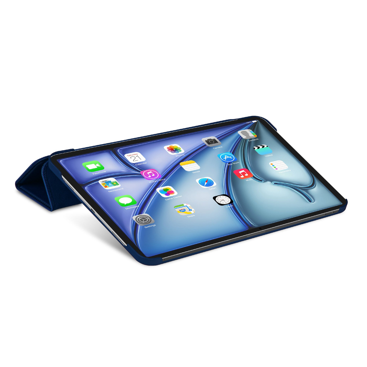 Custodia blu per tablet con tablet aperto che mostra icone di app, angolato per mostrare lo schermo.