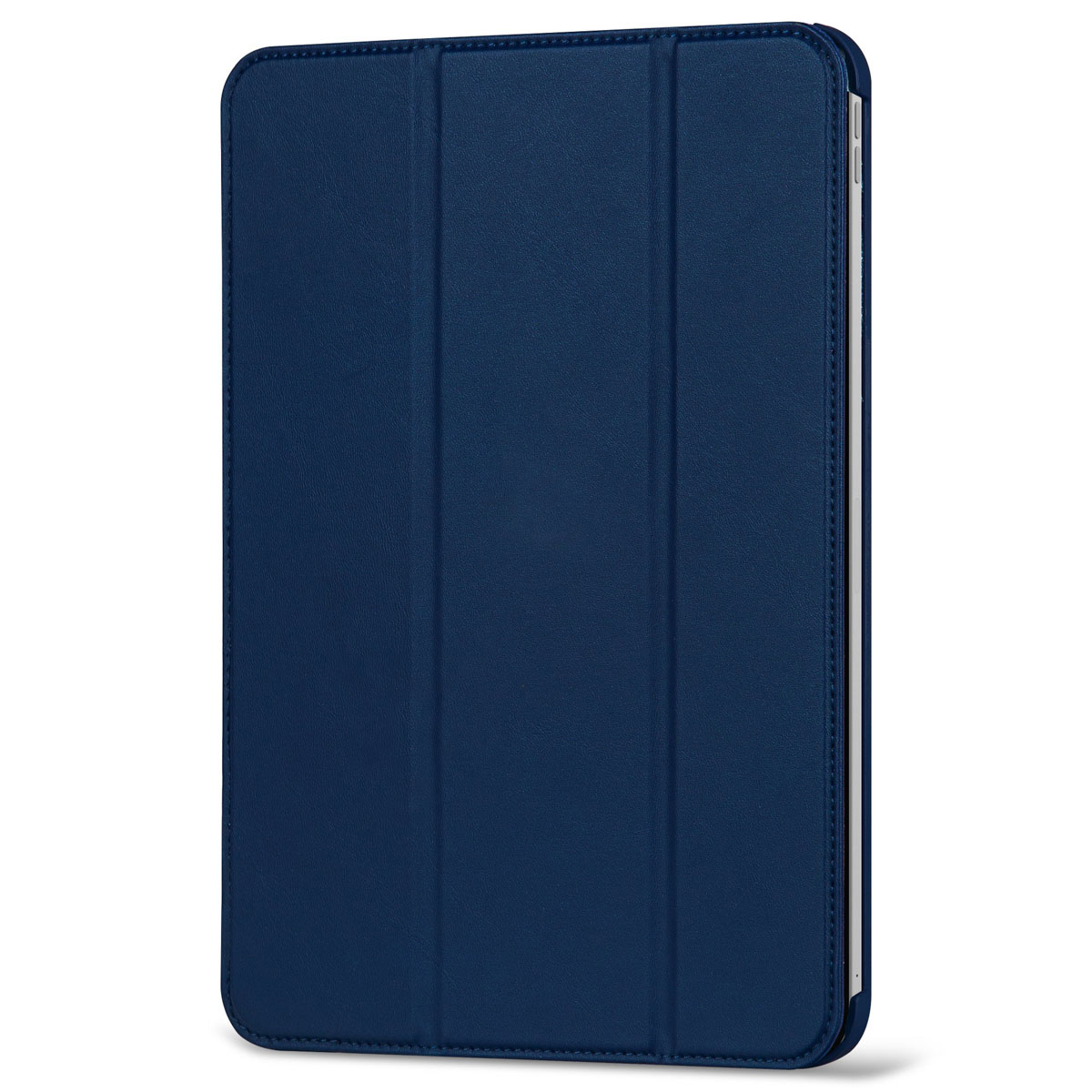 Custodia blu per tablet con coperchio anteriore chiuso, vista laterale.