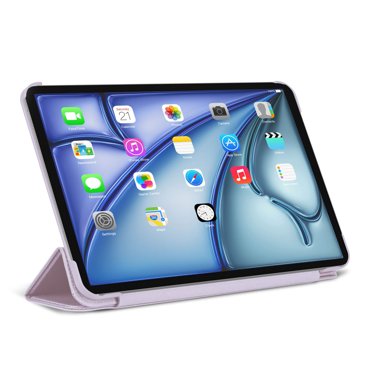 Un iPad con una custodia lilla chiaro, lo schermo mostra icone di app e una visualizzazione del calendario.