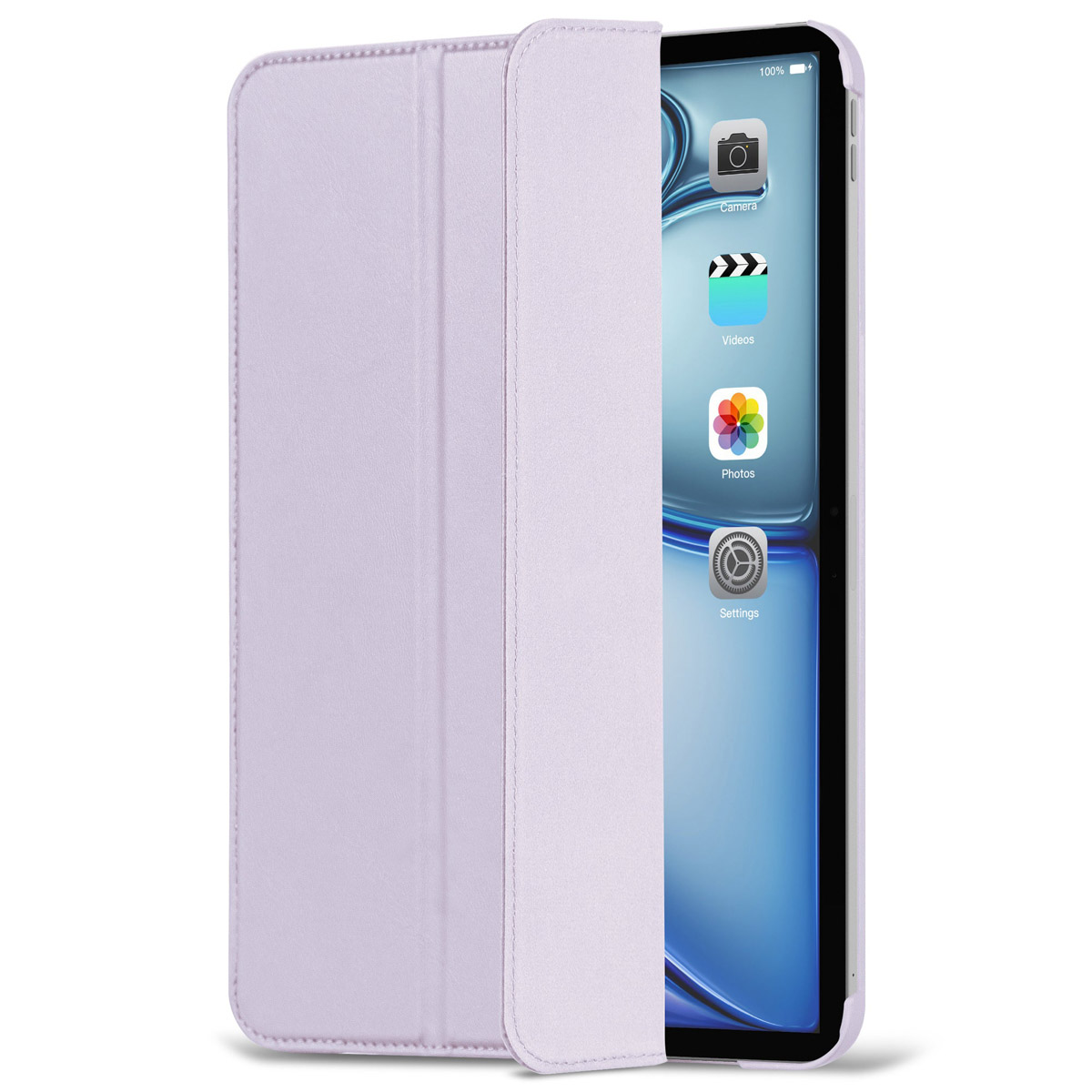 Custodia per tablet lilla chiaro aperta. Il tablet mostra icone di app: fotocamera, video, foto, impostazioni.