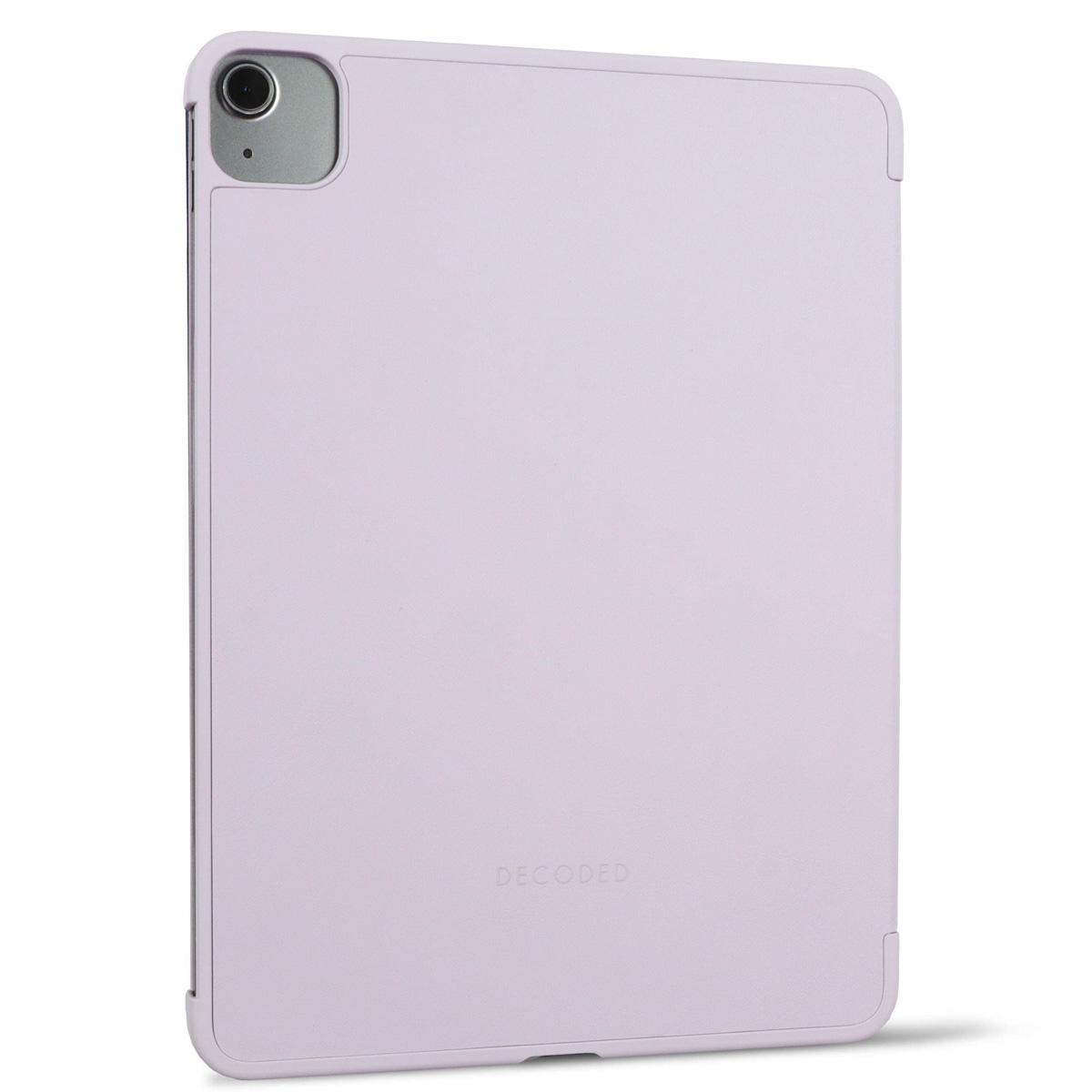Custodia per tablet lilla chiaro con foro per fotocamera. Con la scritta 'DECODED'.