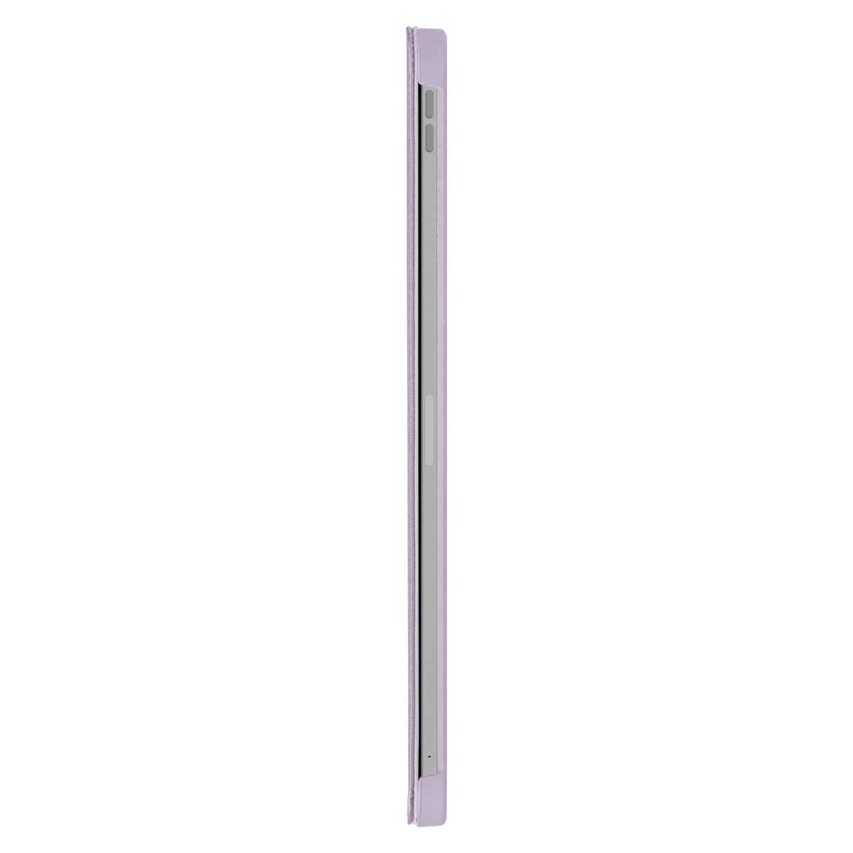 Una custodia per telefono viola chiaro con un telefono argentato all'interno.