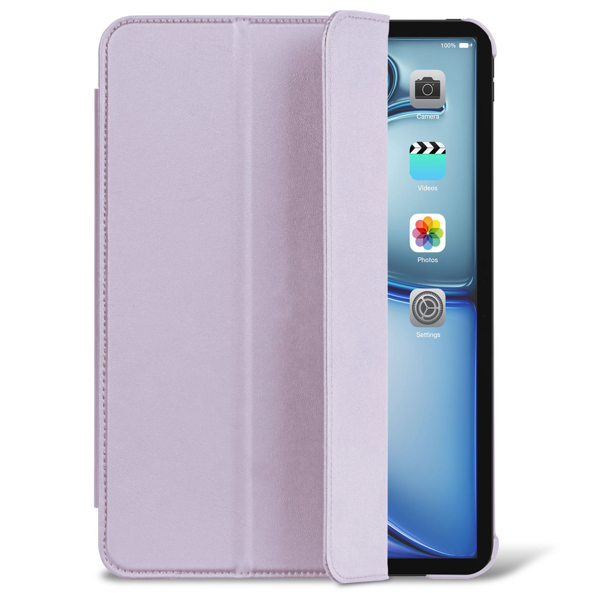 Tablet in una custodia in pelle lilla con una copertura.