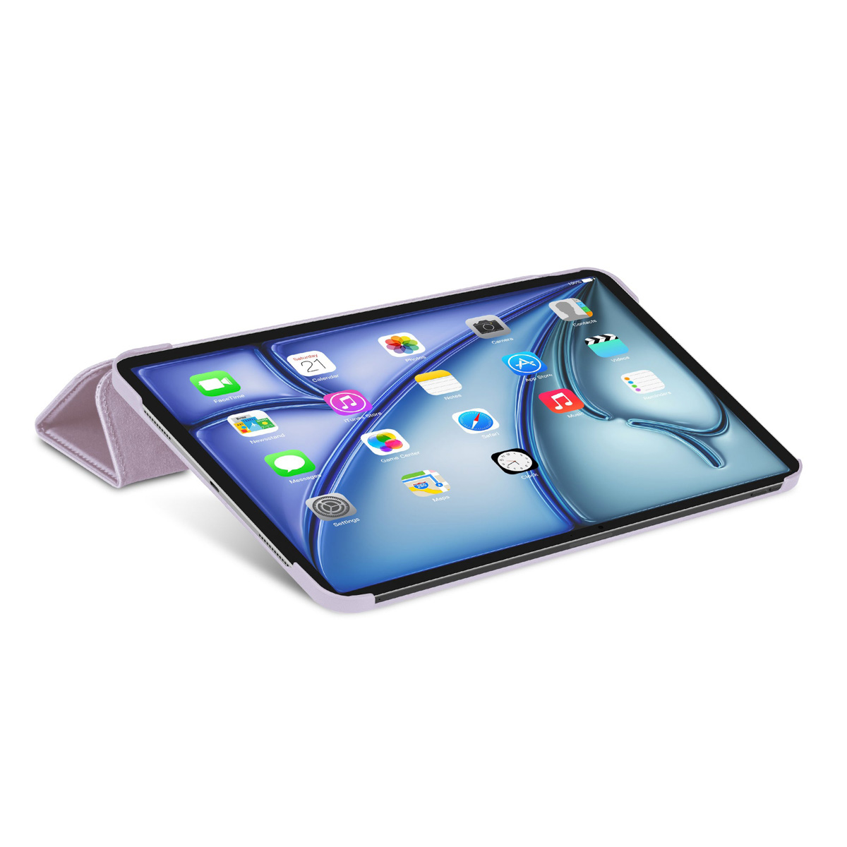 Tablet con custodia lavanda, mostra le icone delle app sullo schermo.