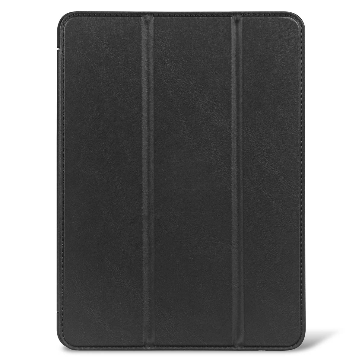 Custodia per tablet in pelle nera, chiusa. Sono visibili linee verticali.