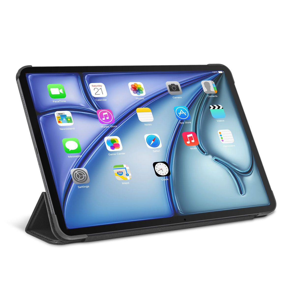 Tablet con custodia che mostra le app. L'interfaccia mostra le icone delle app e impostazioni.
