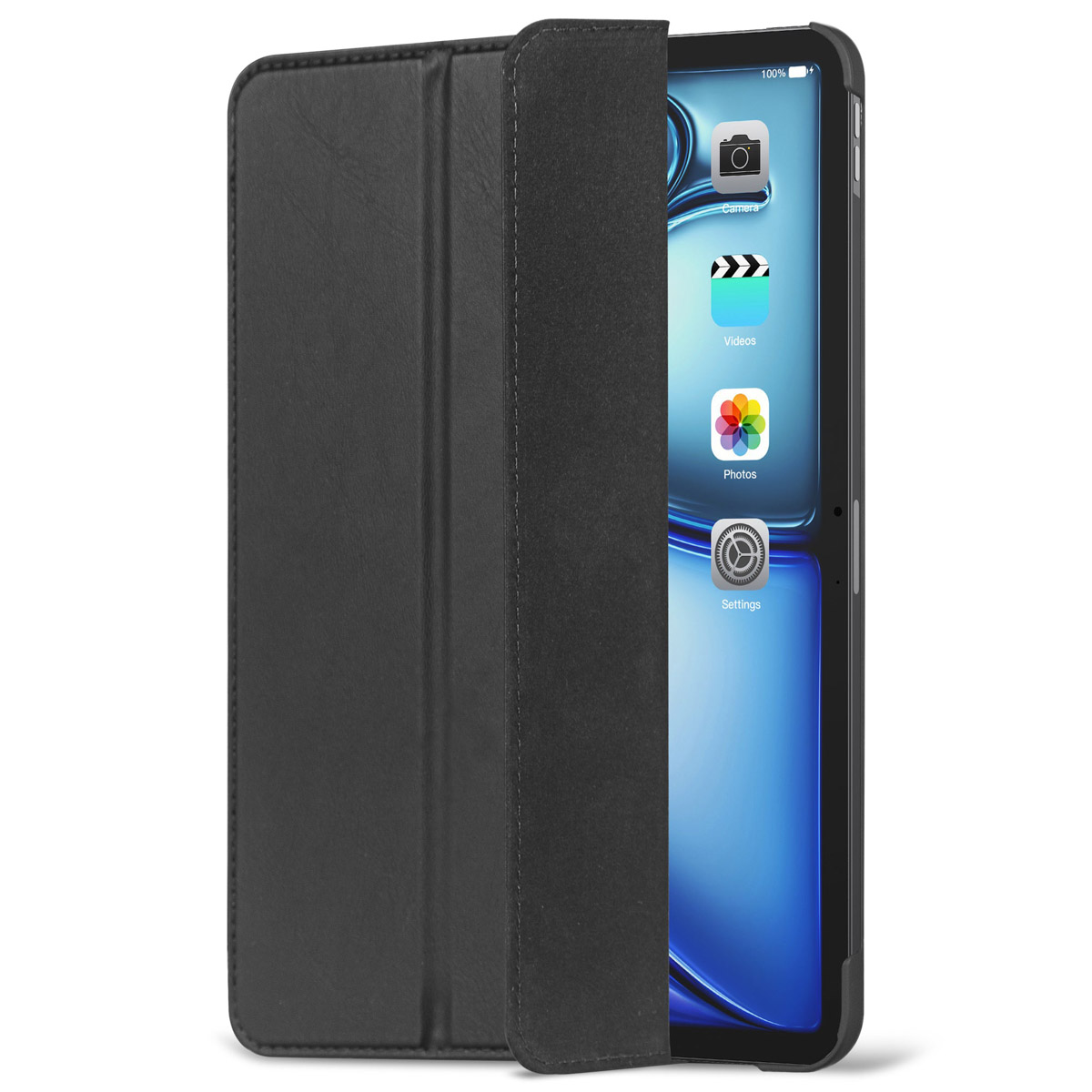 Tablet in una custodia in pelle nera con una copertura.