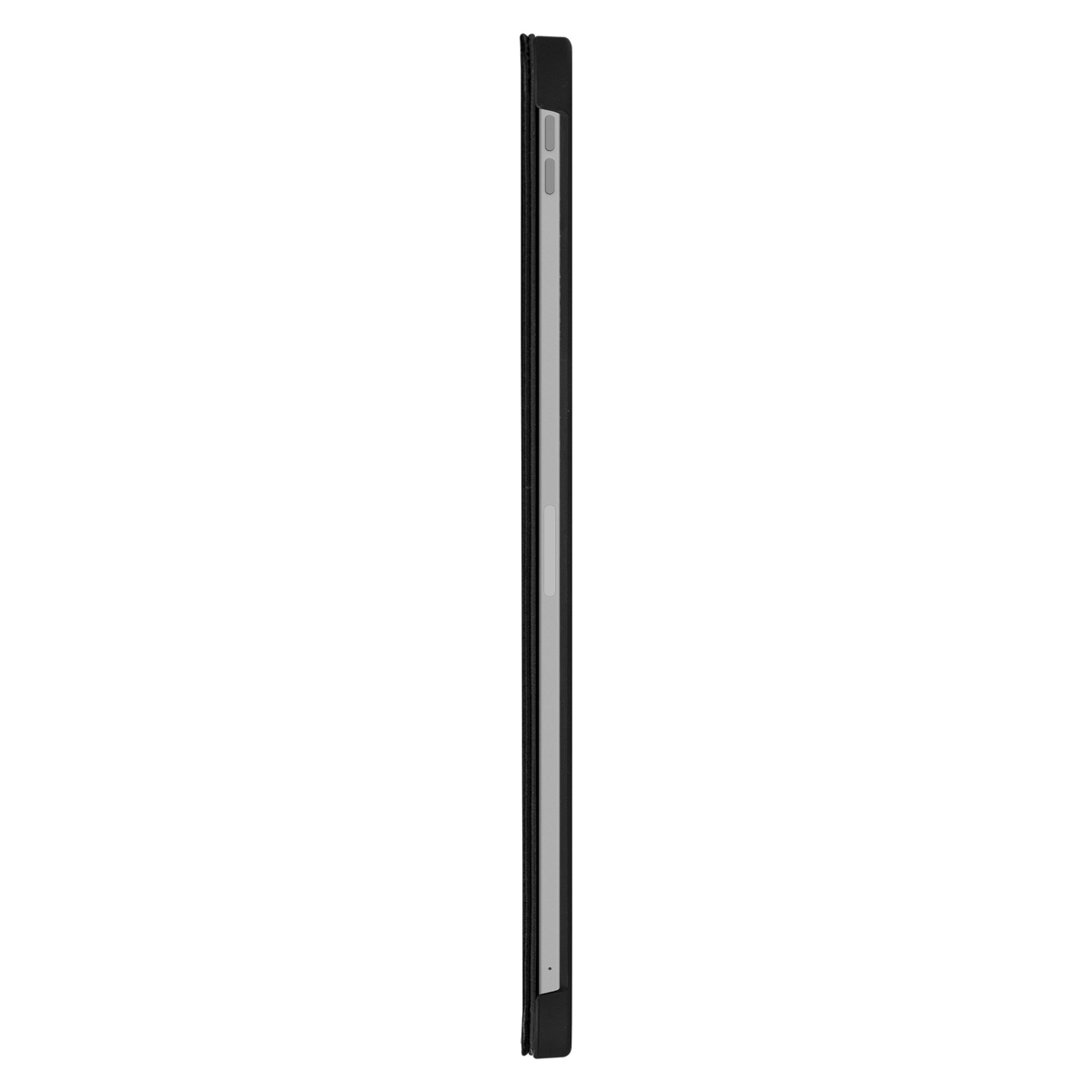 Custodia nera per tablet. Il tablet è visto di lato, mostrando il bordo.