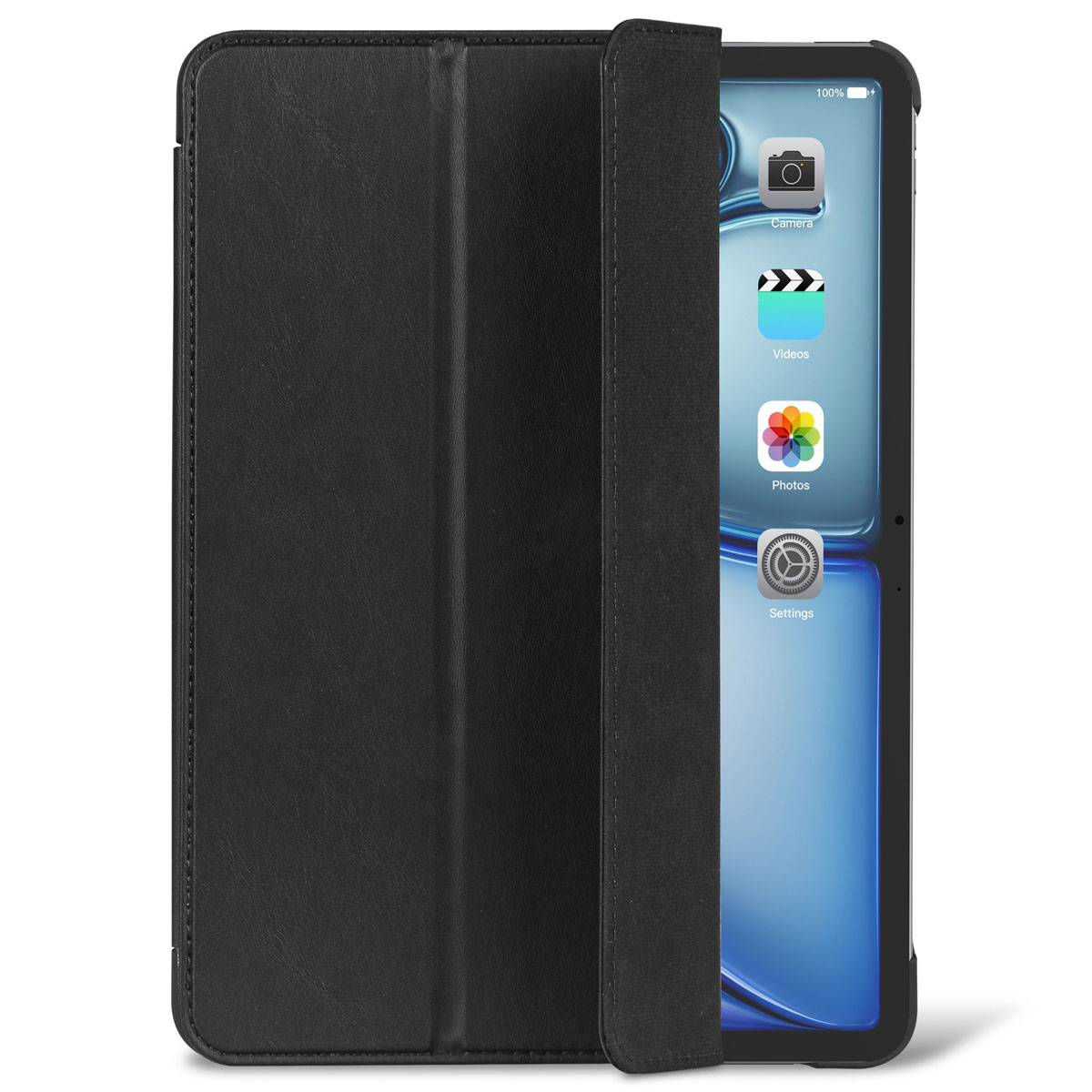 Custodia per tablet nera, aperta per rivelare lo schermo del tablet che mostra le icone delle app, con una cover aperta.