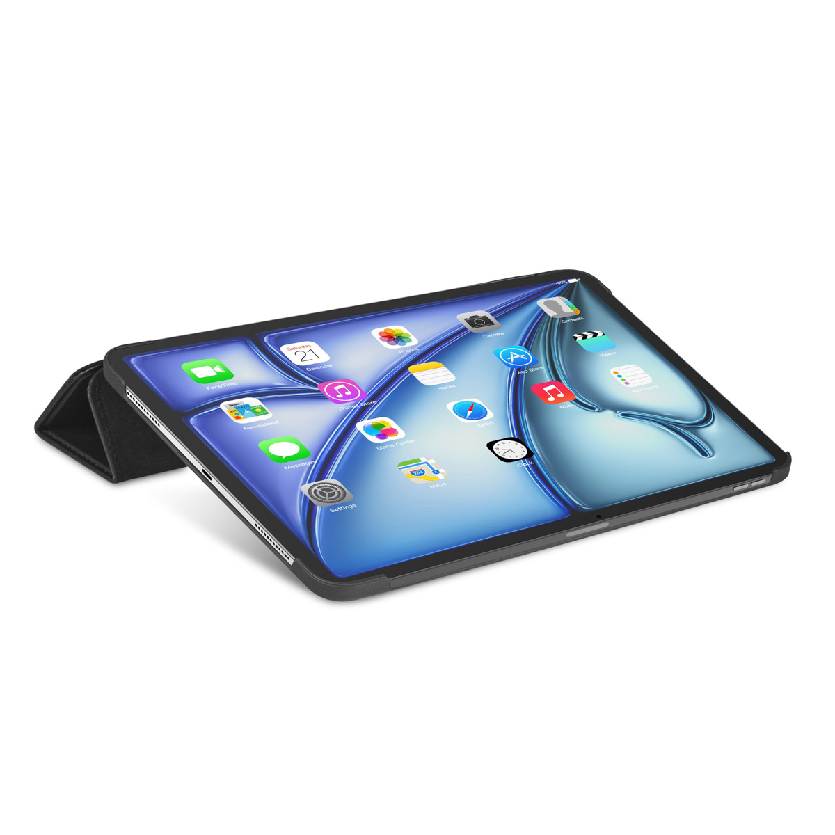 Tablet con icone delle app sullo schermo, aperto in una custodia.