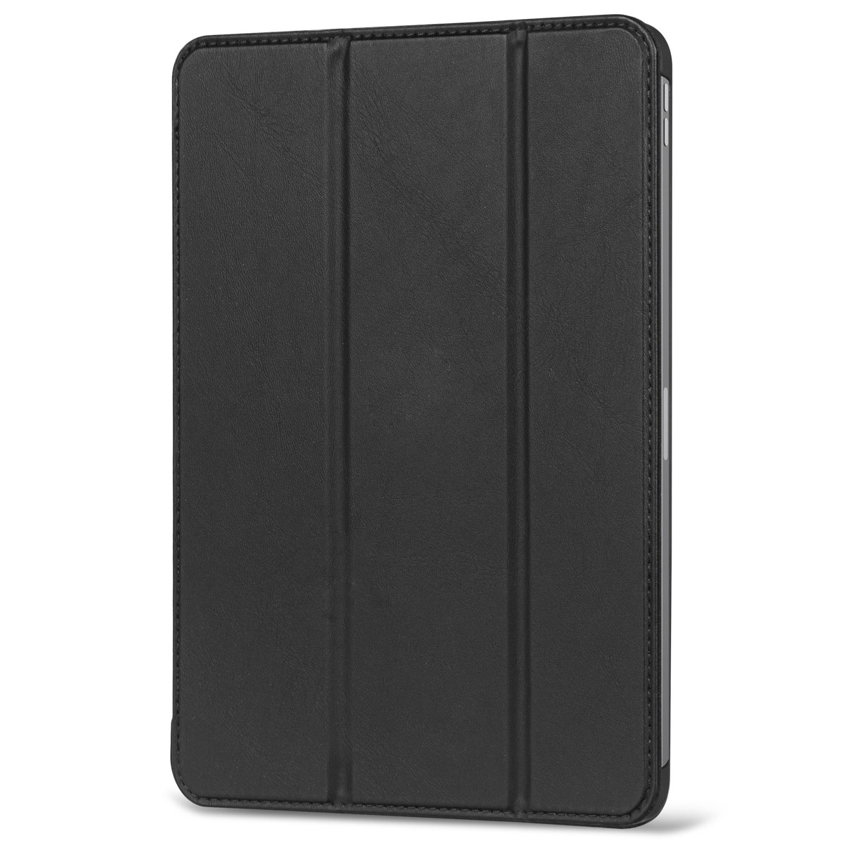 Custodia per tablet nera chiusa. Materiale liscio e solido con un design semplice.