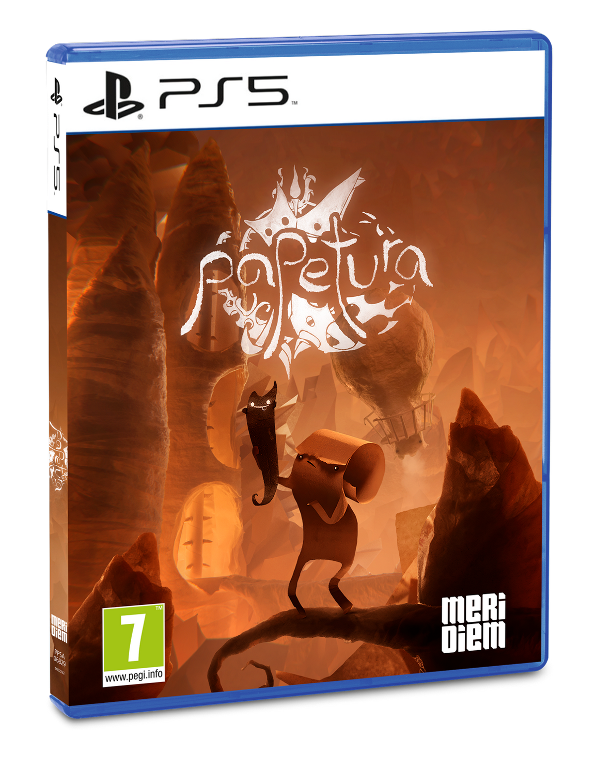 Portada del juego PS5 'Papetura'. Un personaje de papel sostiene otro papel, fondo marrón, caja azul.