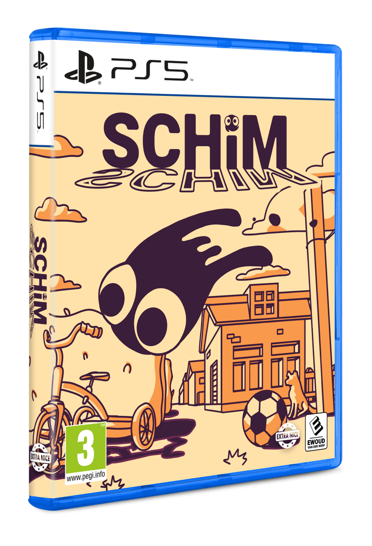 Caja de juego PS5, color naranja-amarillo, ilustración de una criatura, una bicicleta y un balón de fútbol, marco azul.