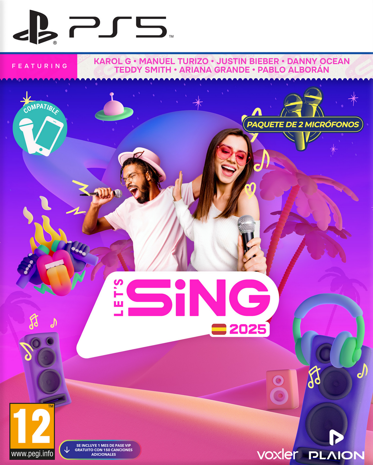 Caja del juego Let's Sing 2025, con cantantes con micrófonos y un logo PS5.