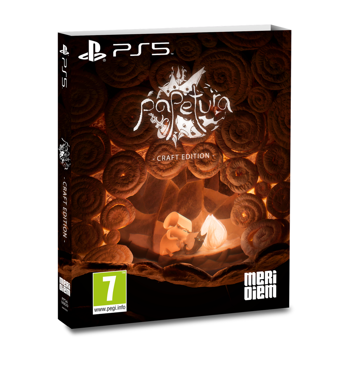 Una caja de juego de PS5 con una escena de fantasía y el título del juego, en un entorno oscuro.