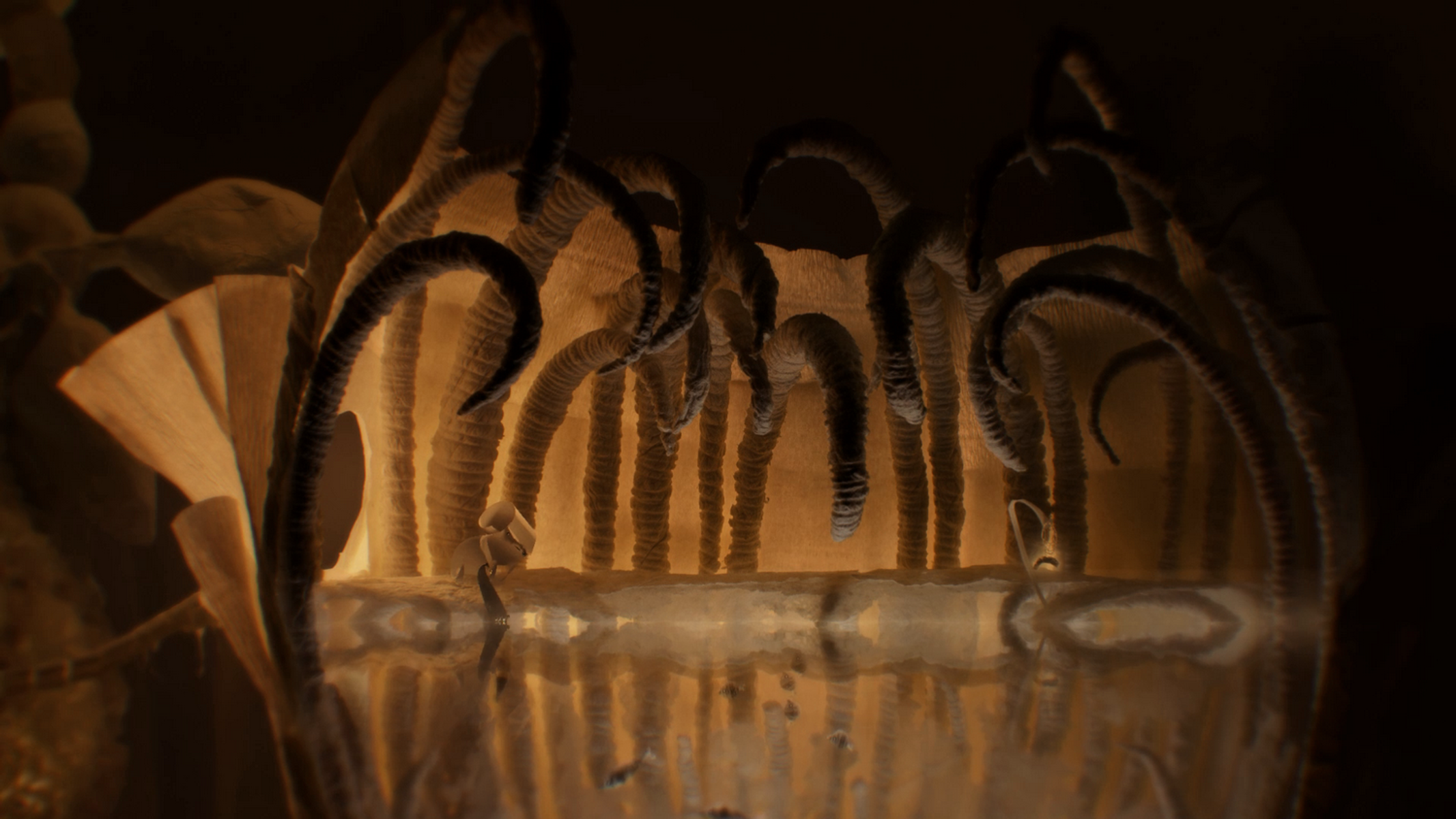 Una escena abstracta en una cueva con estructuras colgantes.