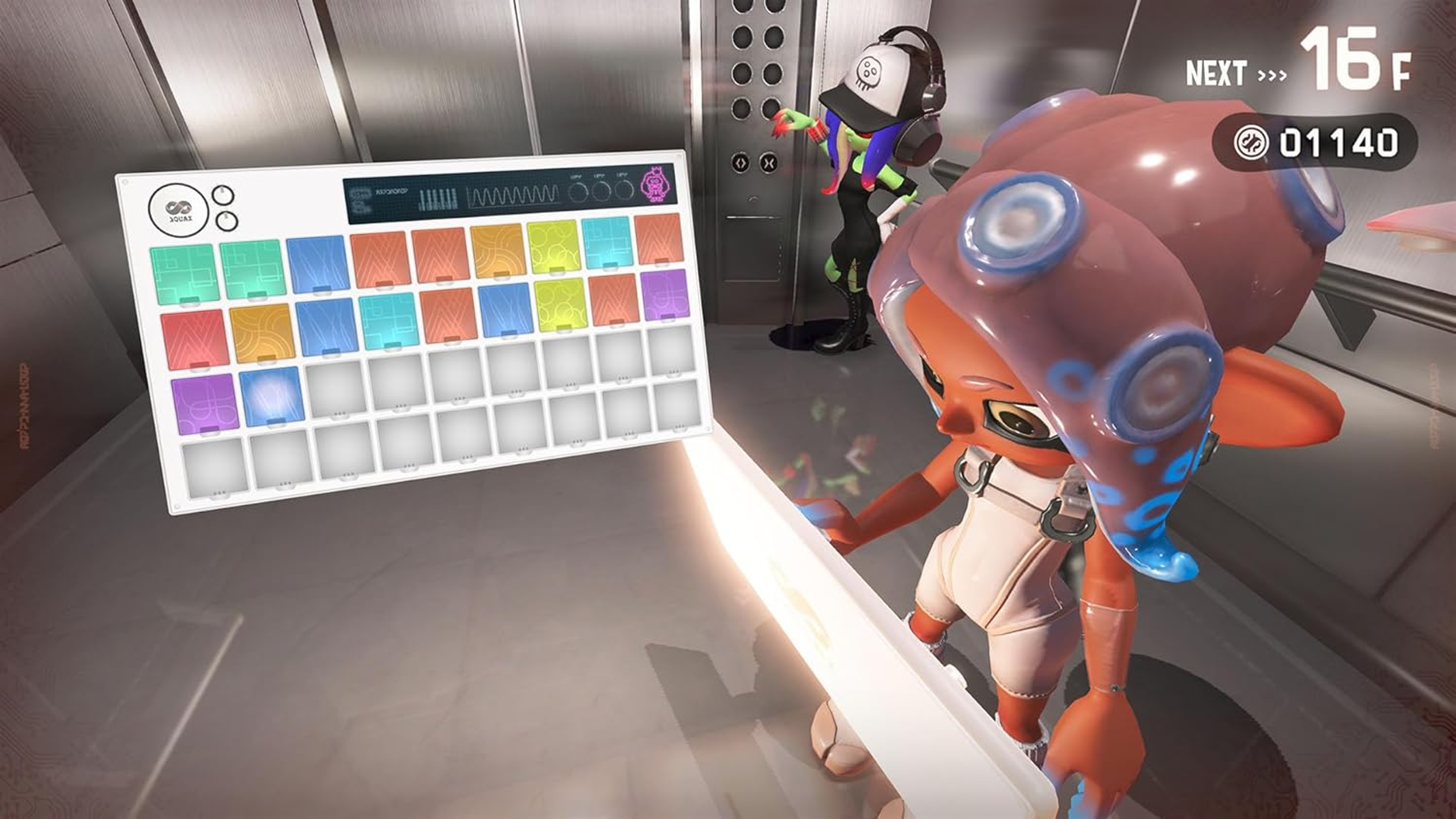 Una escena de videojuego con un personaje parecido a un pulpo sosteniendo una espada y un panel musical.
