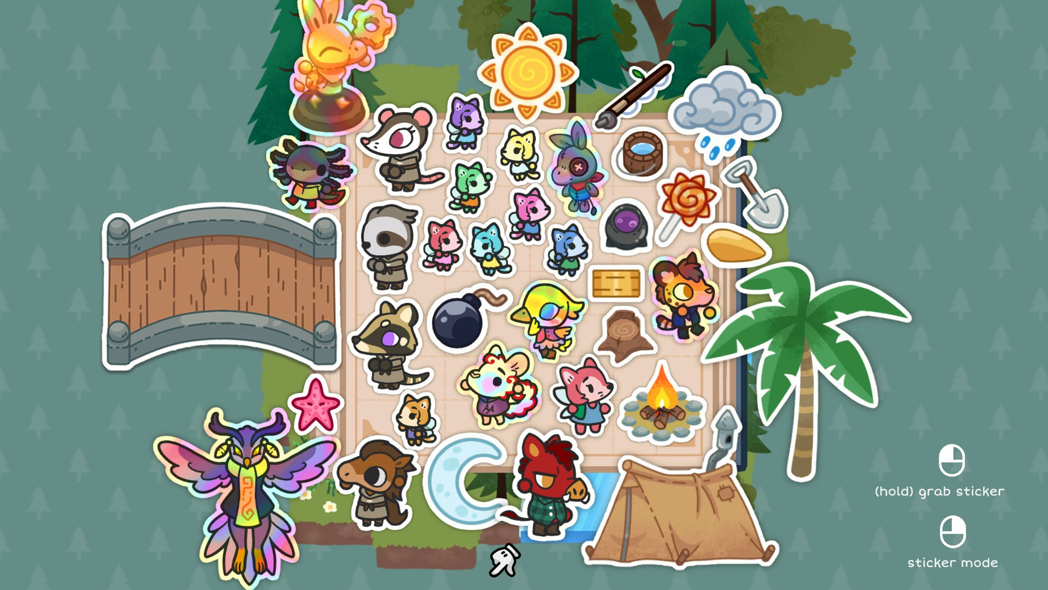 Interfaz de juego con pegatinas de varios animales y objetos en un mapa.