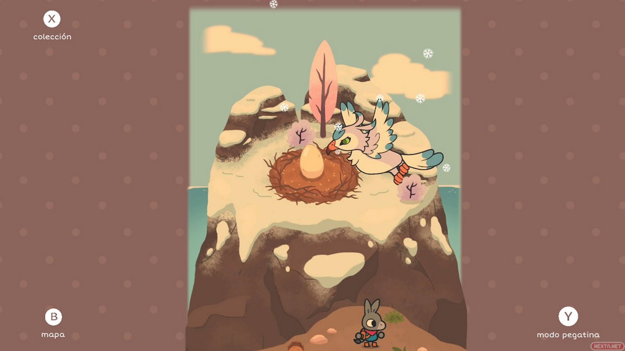 Escena de dibujos animados: un pájaro en una isla con un nido y un huevo. Copos de nieve.