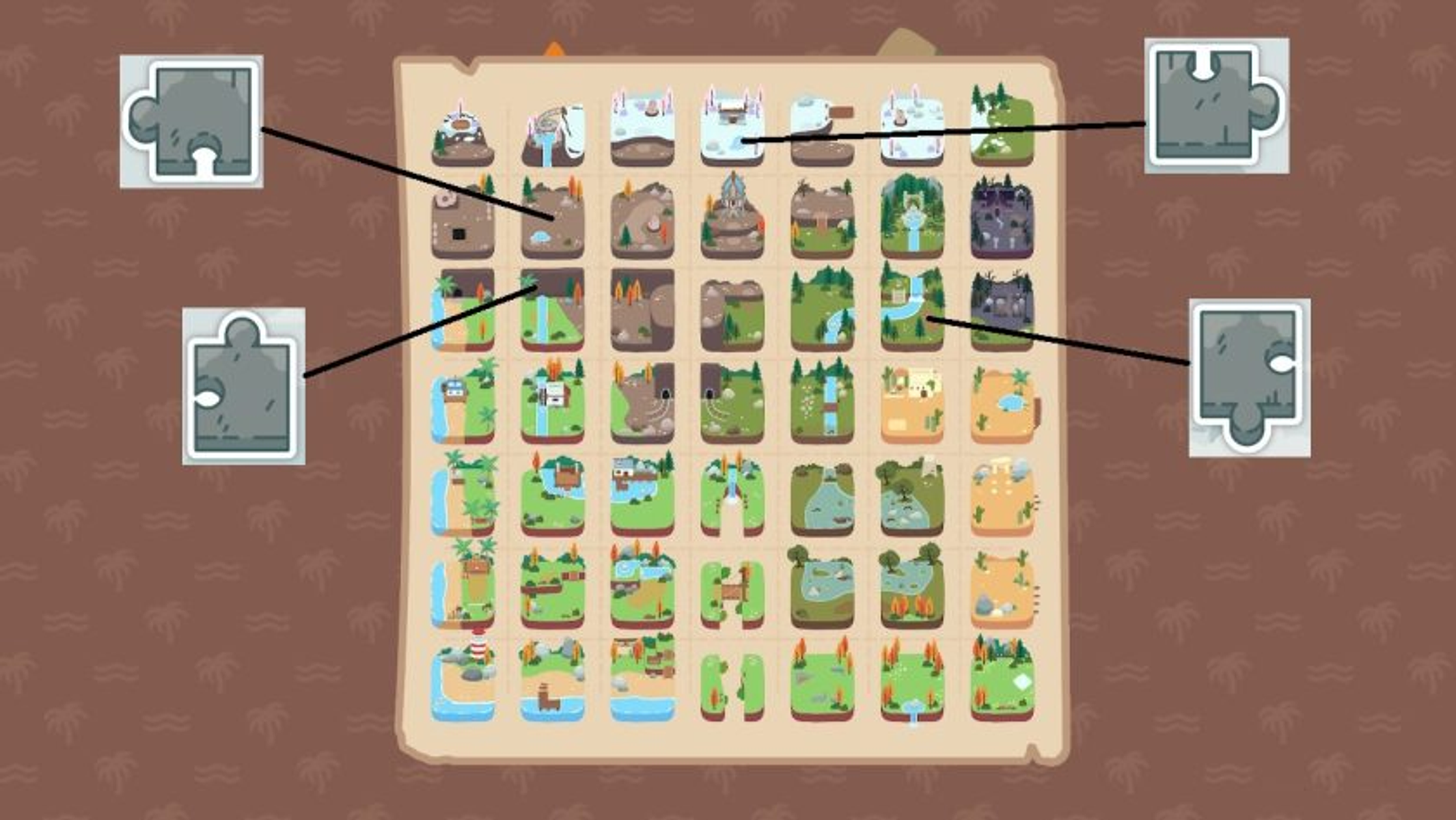 Un juego de mesa con varios paisajes ilustrados y piezas de rompecabezas alrededor de los bordes.
