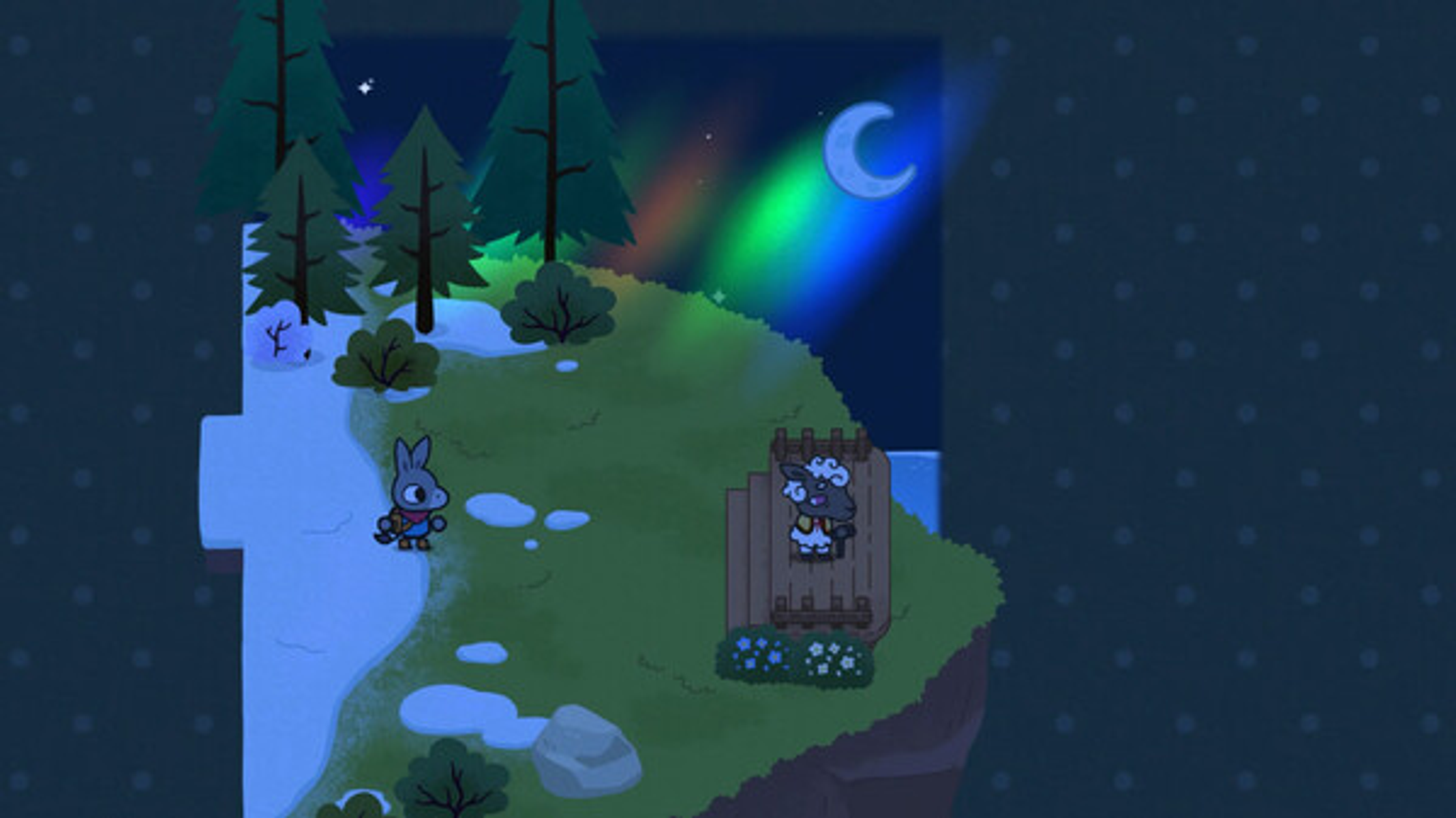 Ilustración animada de una escena nocturna, dos cabras de dibujos animados en un muelle, luna y aurora boreal.
