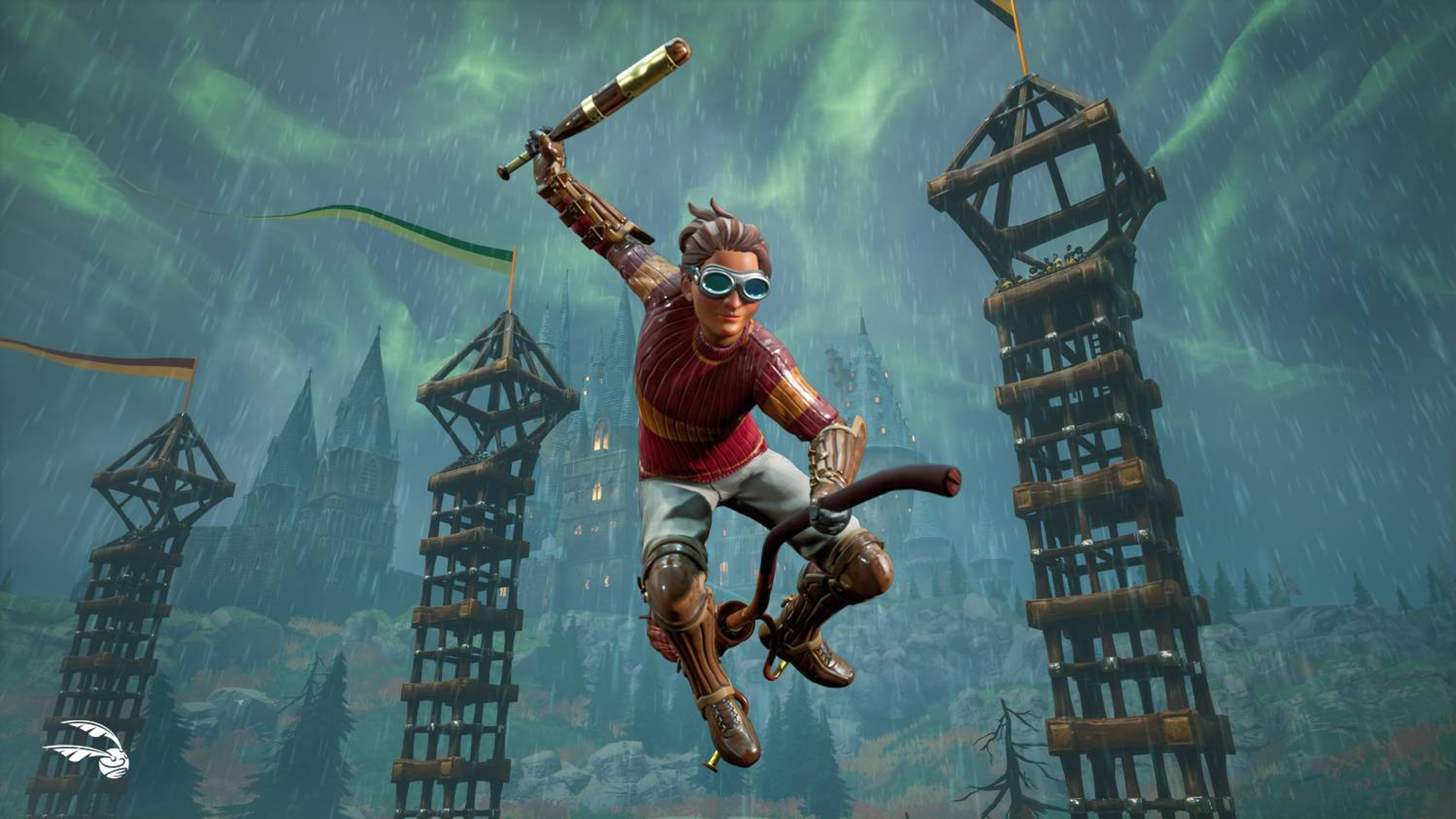 Un giocatore di Quidditch su una scopa, in una scena di gioco con torri e cielo nuvoloso.