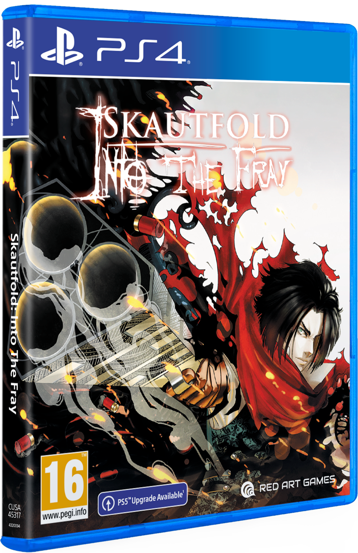 Pudełko gry PS4 dla 'Skautfold: Into The Fray'. Okładka przedstawia postać w czerwonym stroju.