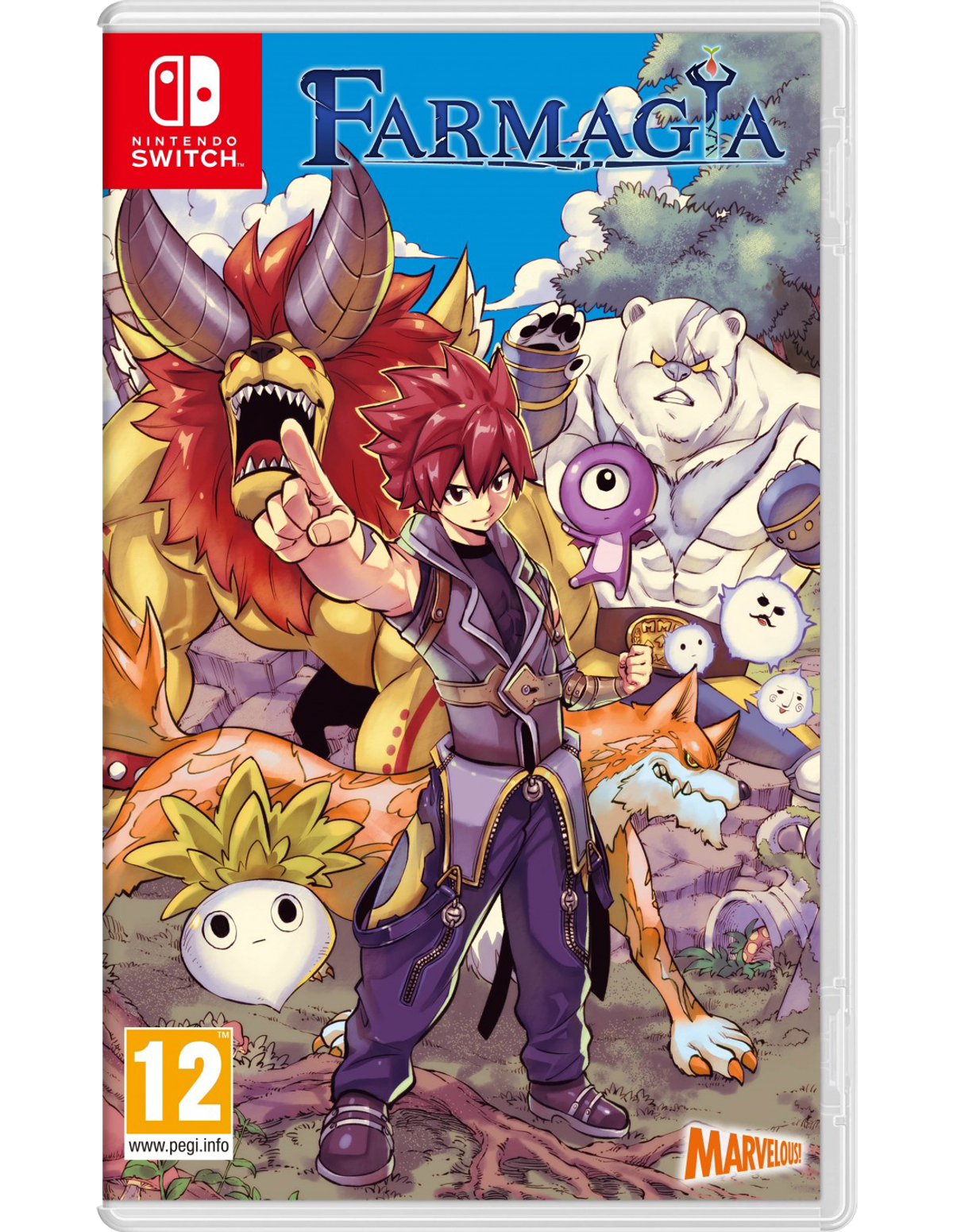Opakowanie gry Farmagia, Nintendo Switch, z postaciami z kreskówek.