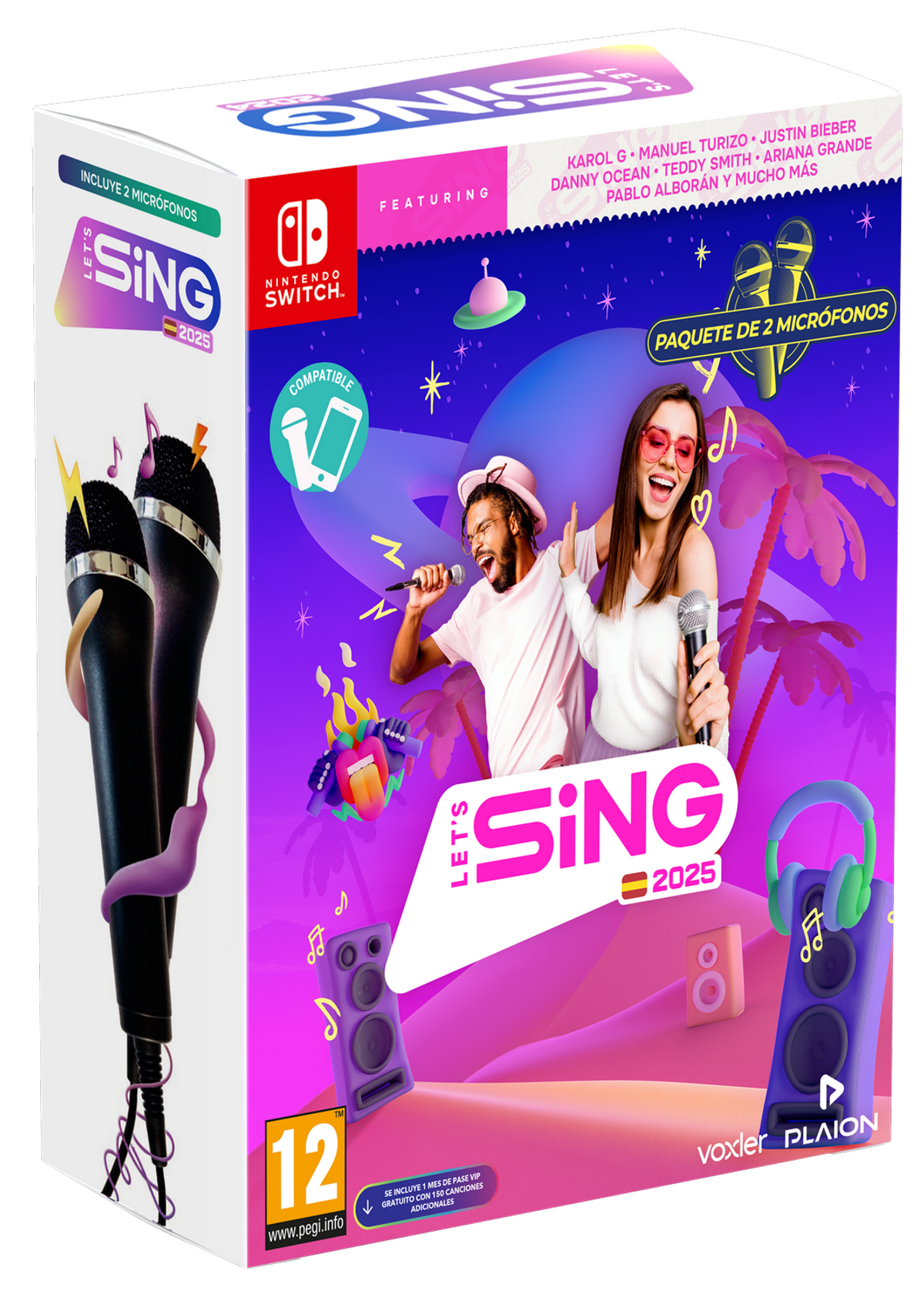 Caja del juego Let's Sing 2025. Presenta a una pareja cantando con micrófonos e incluye dos micrófonos.