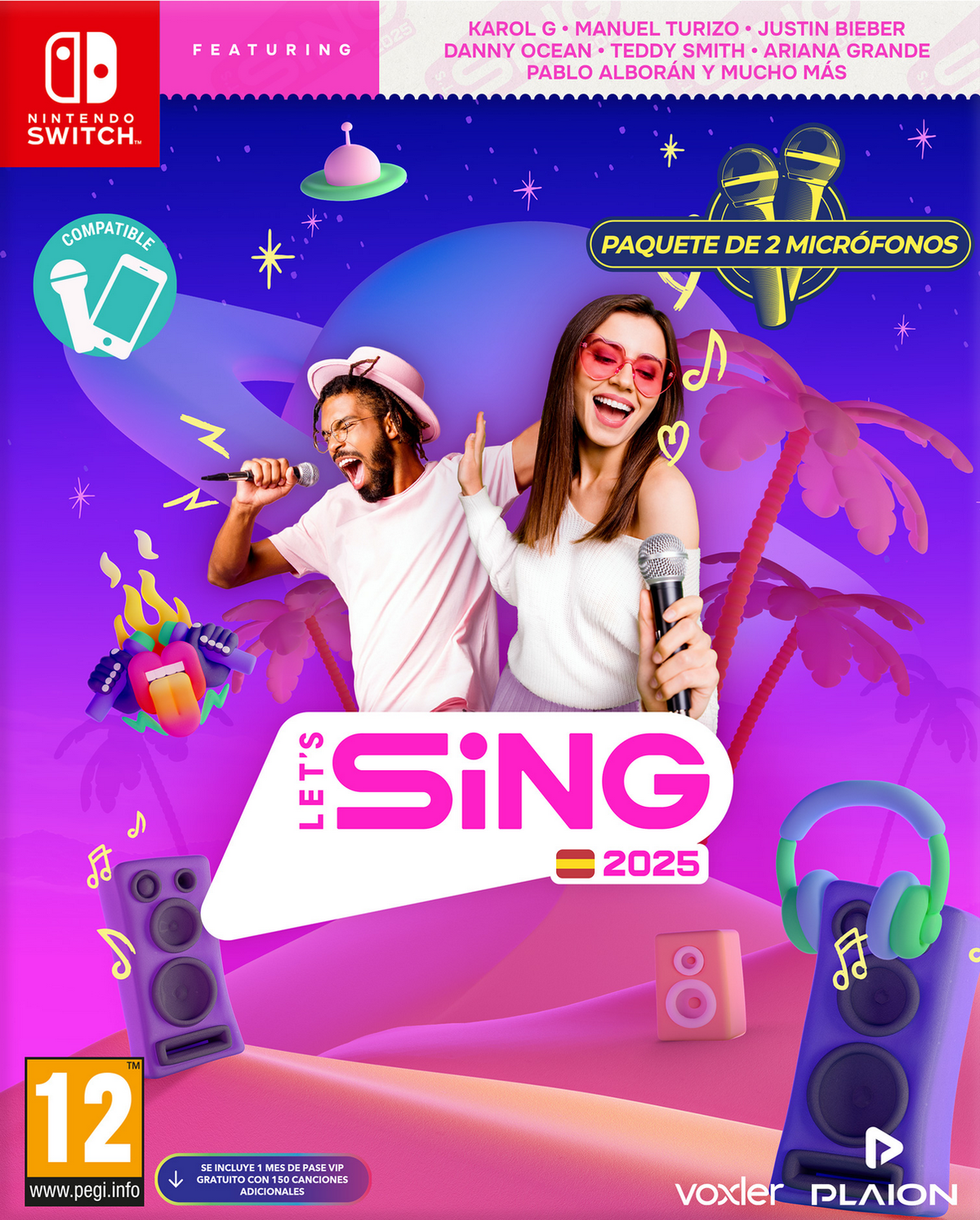 Portada del juego Let's Sing 2025. Dos personas con micrófonos. Logotipo y texto de Nintendo Switch.