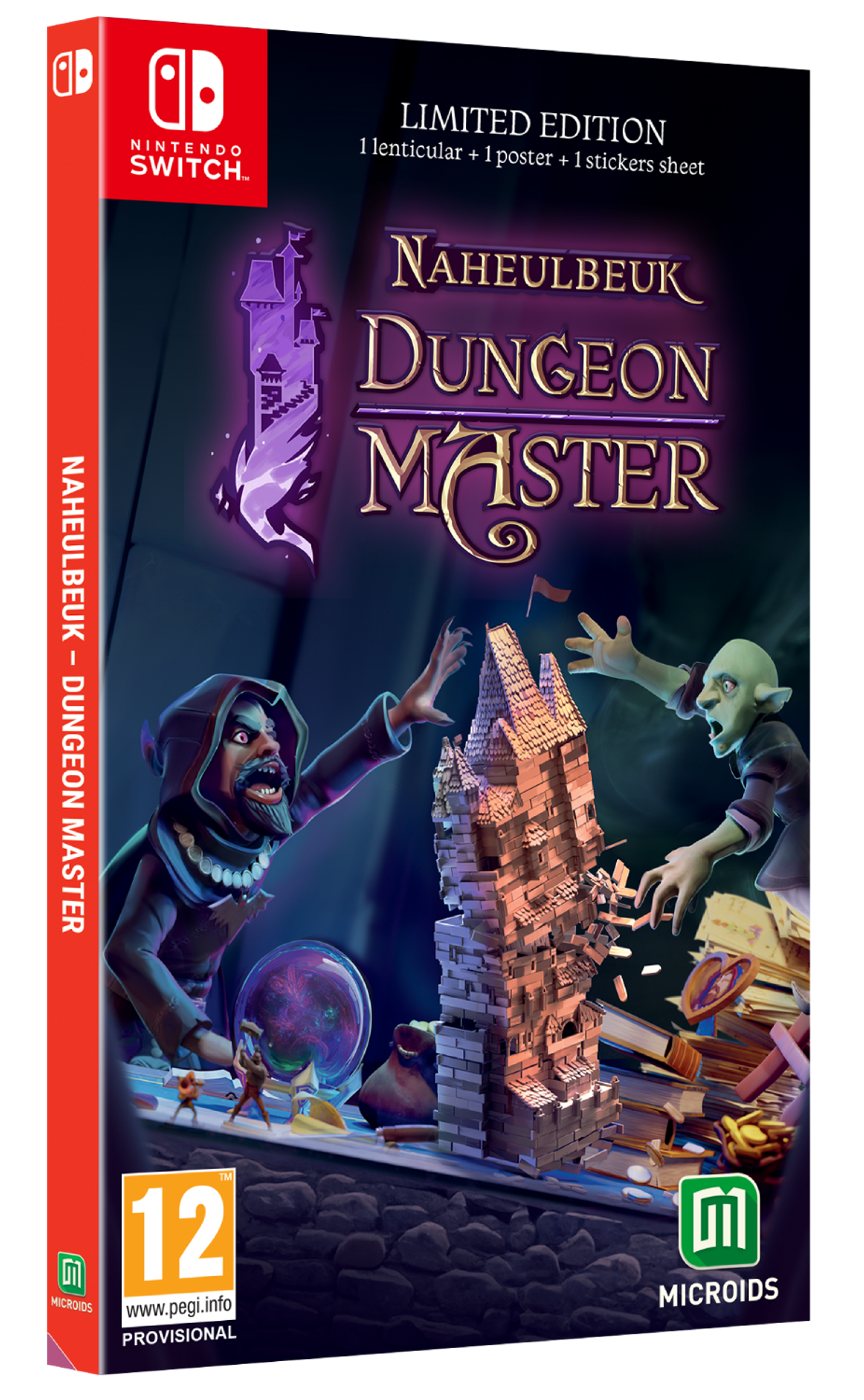 Caja del juego Nintendo Switch para 'Naheulbeuk Dungeon Master' con personajes y una escena de castillo.