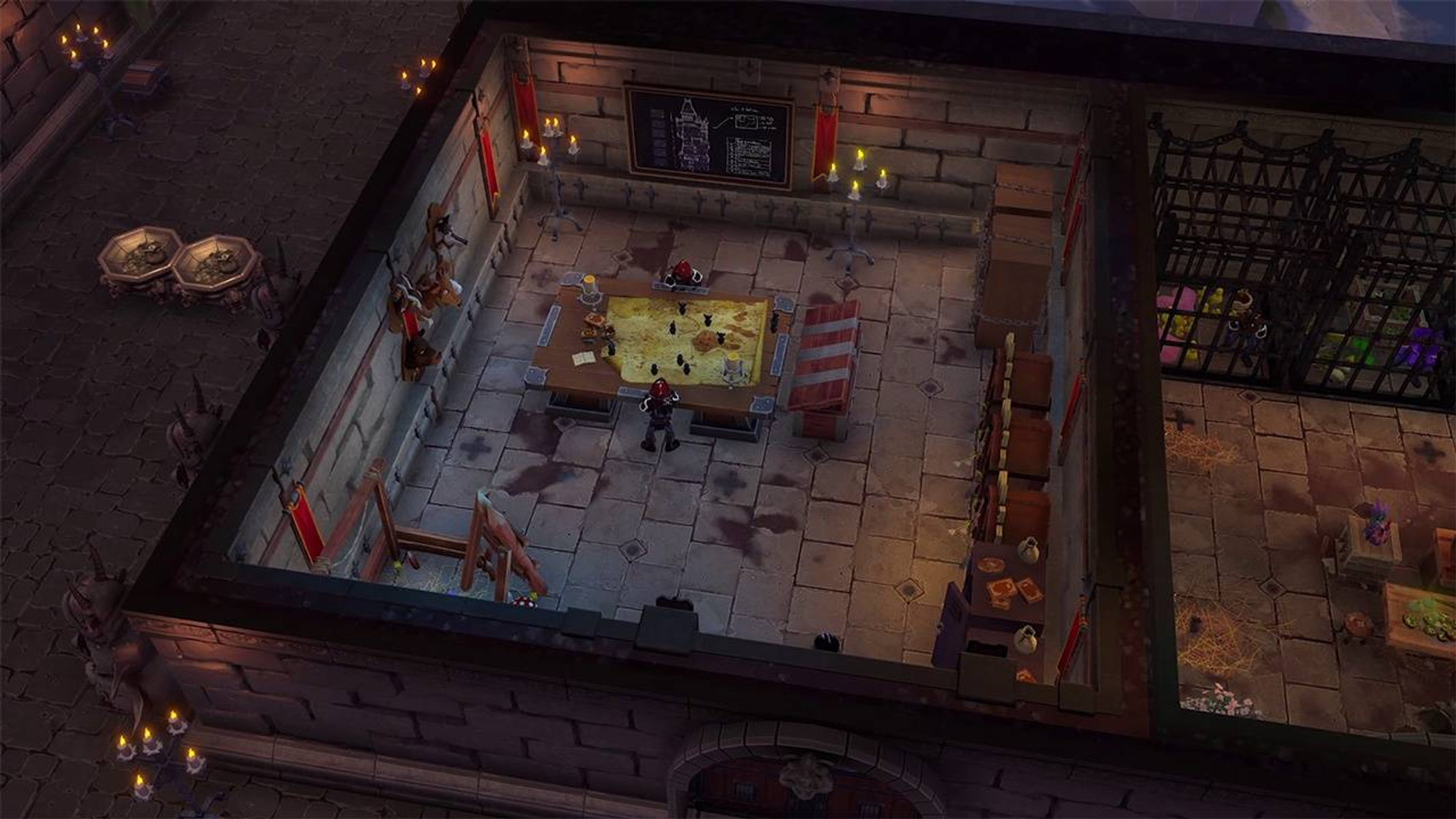 Widok z góry na średniowieczny pokój. Zawiera stół z mapą, figurkami, świecami i inne elementy.
