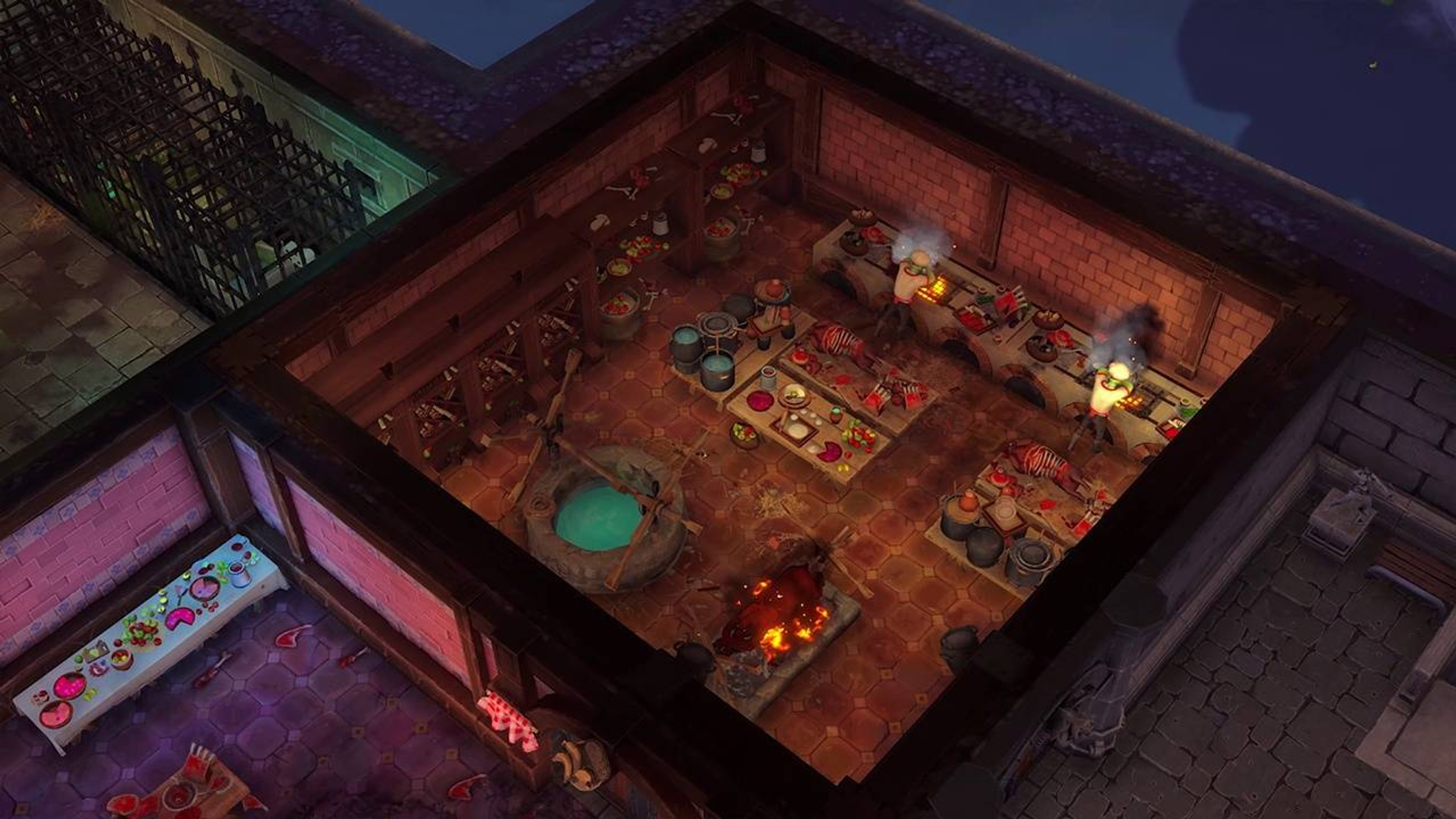 Widok izometryczny wnętrza kuchni fantasy ze stanowiskami do gotowania, jedzeniem i kotłem. Słabe oświetlenie.