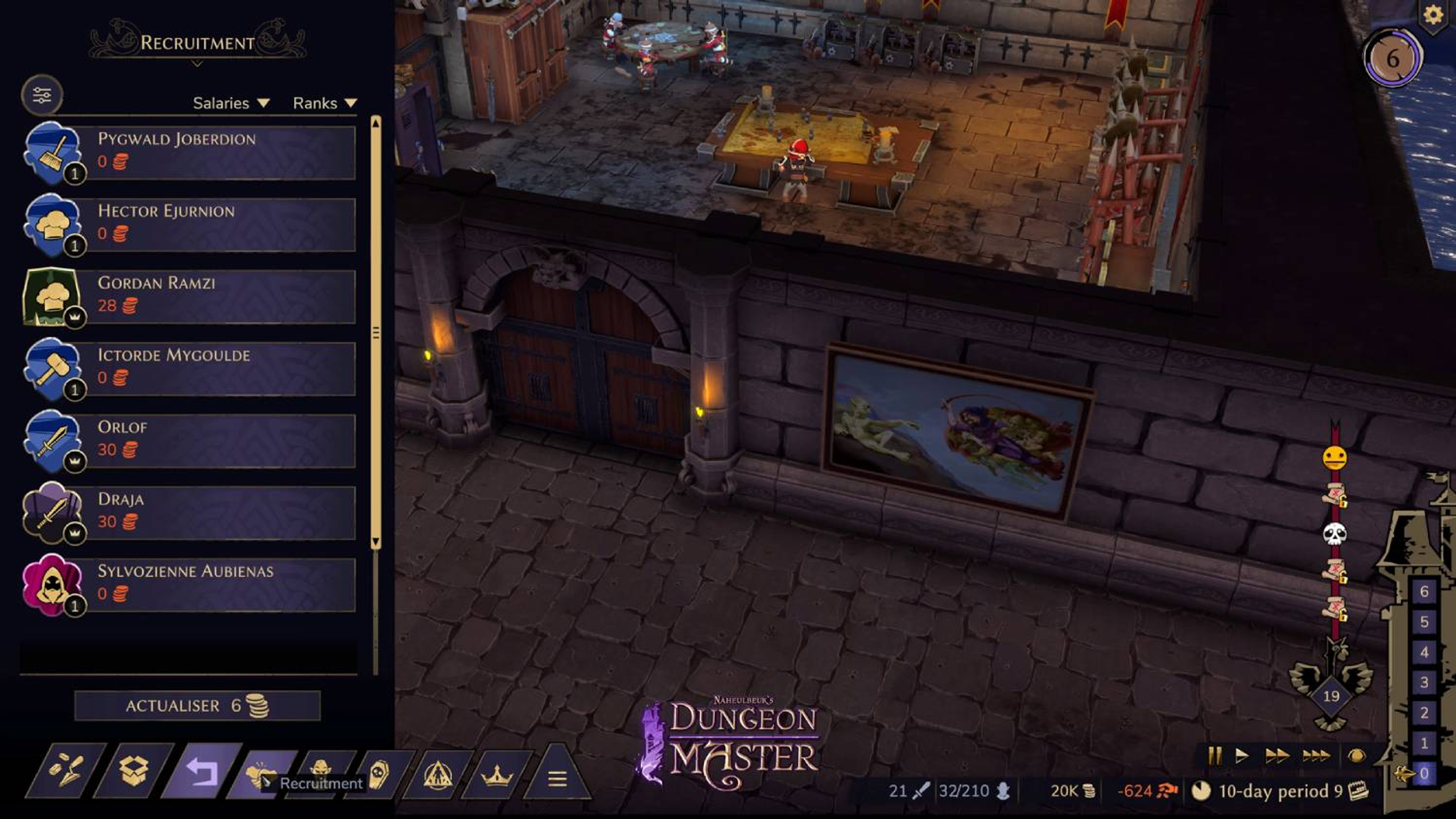 Ekran gry Dungeon Master pokazujący menu rekrutacji. Postacie z imionami i statystykami.