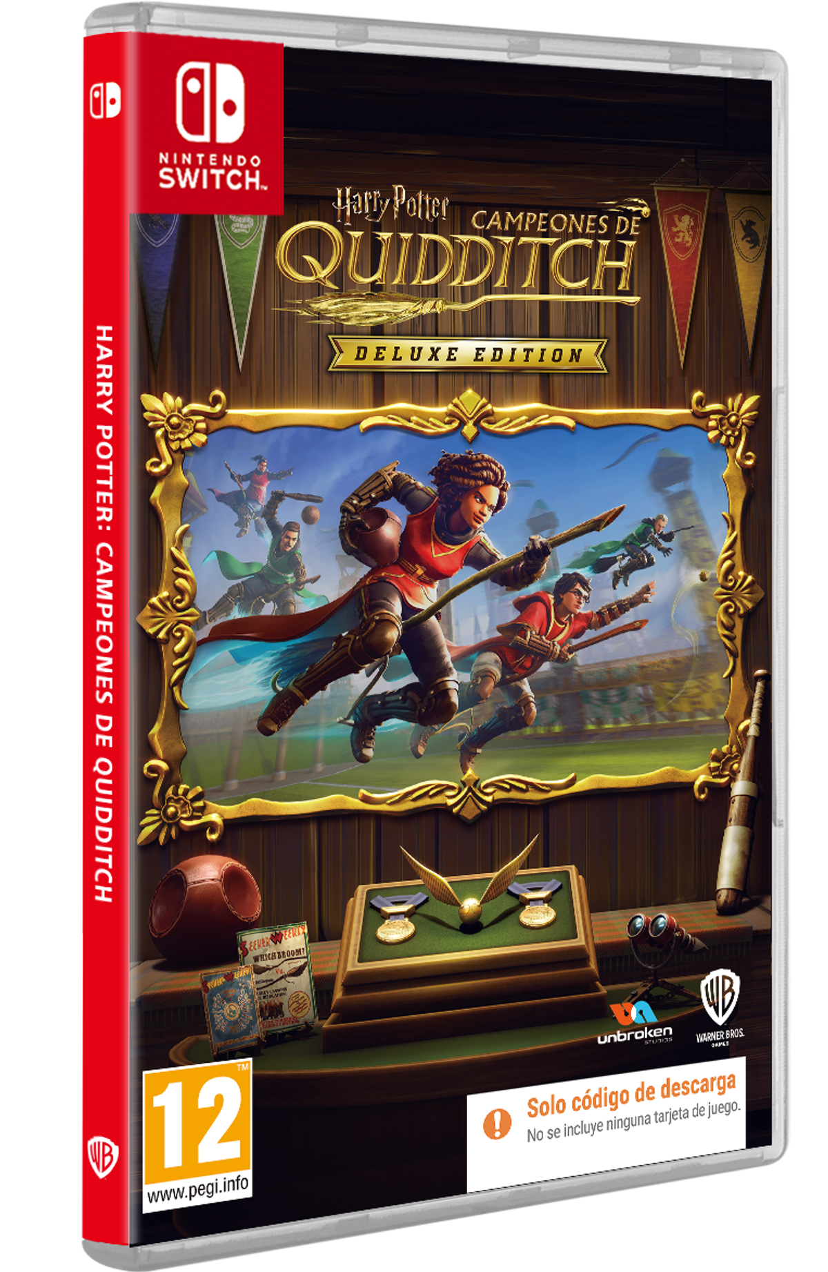 Caja de juego Nintendo Switch de 'Harry Potter: Campeones de Quidditch' con personajes en acción.
