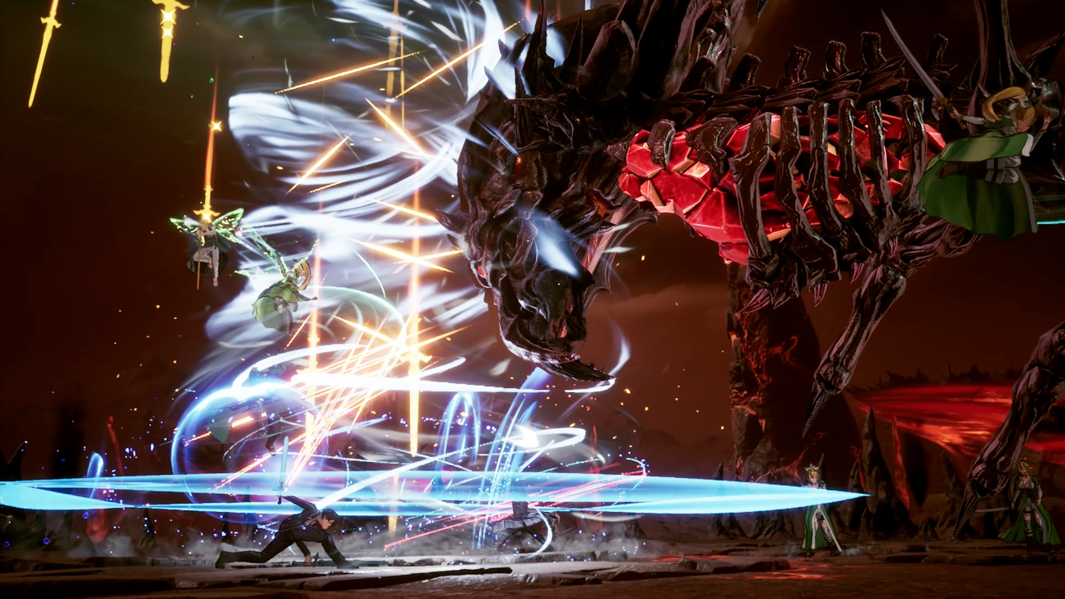 Una scena di videogioco con un grande mostro e personaggi che combattono con spade ed effetti magici.