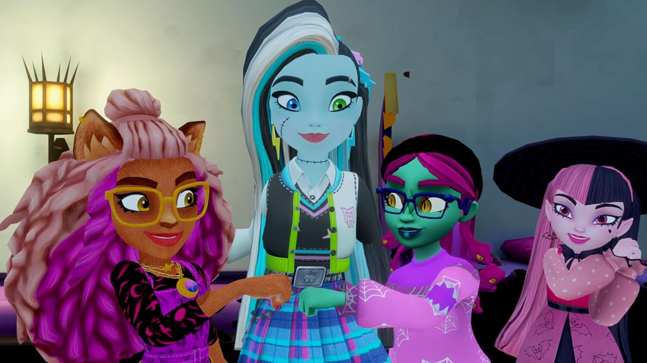 Cuatro personajes animados de Monster High chocando puños. El fondo es una habitación.