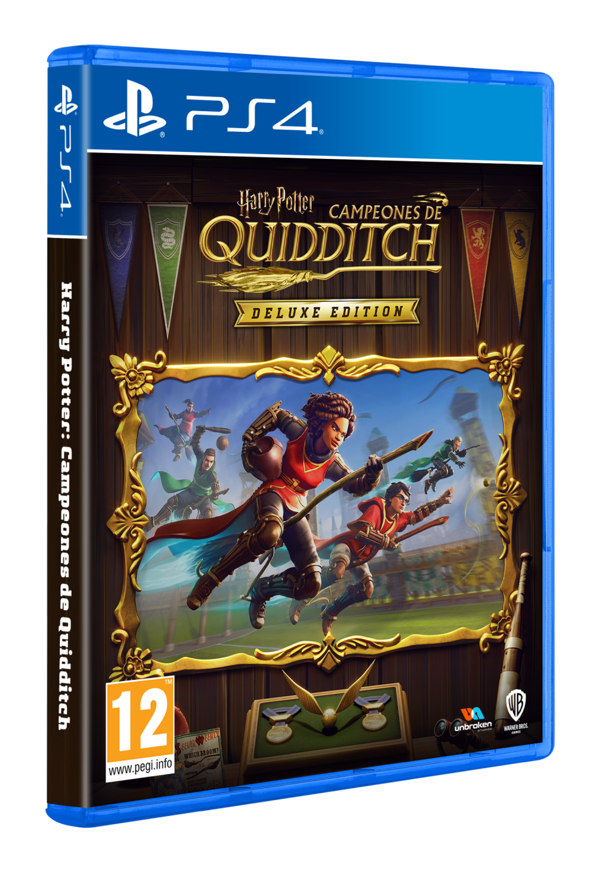 Una custodia del gioco PS4 di Harry Potter: Campioni di Quidditch, con personaggi su scope, in cornice dorata.