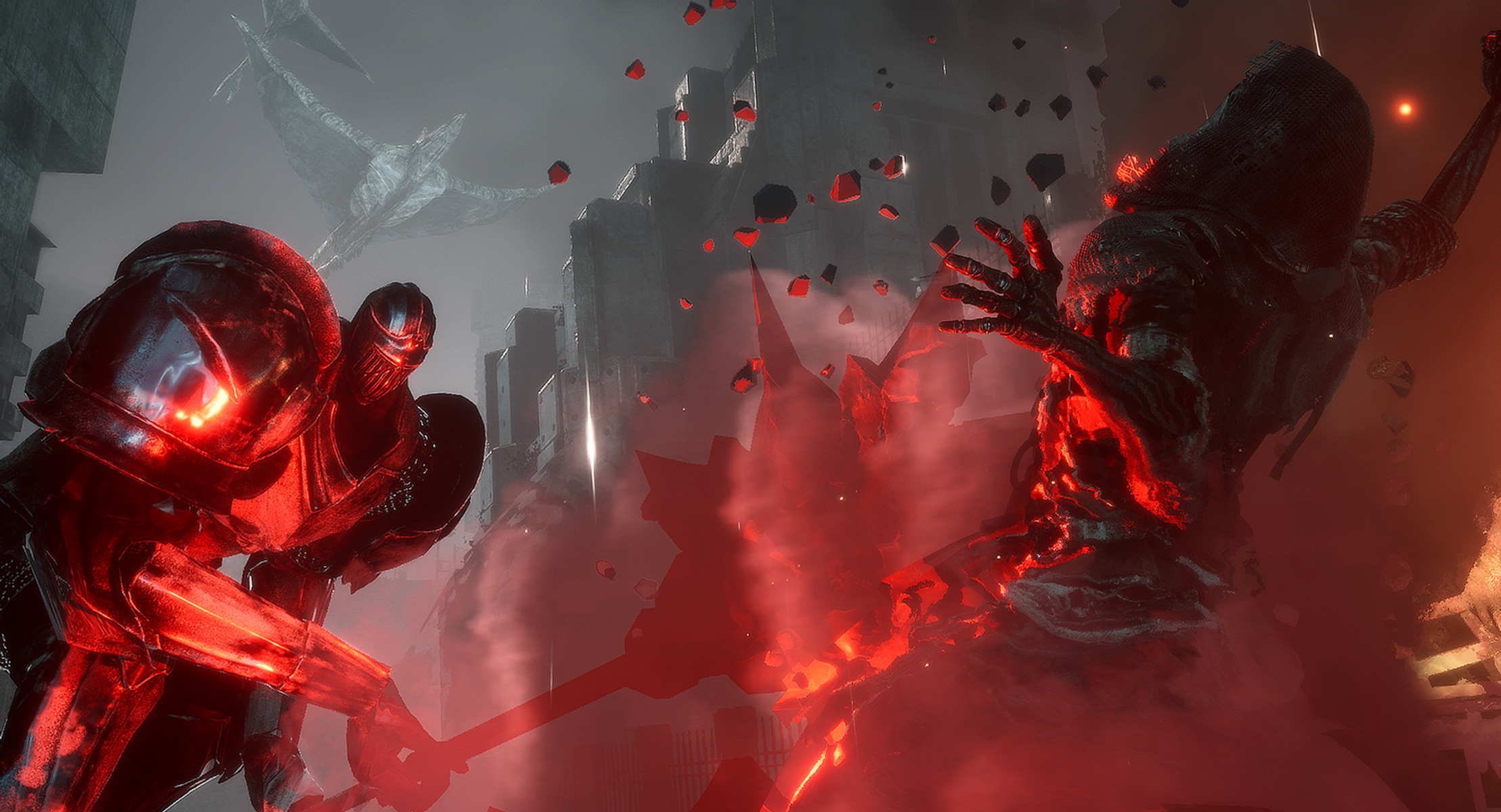 Scena dark fantasy con due figure corazzate che combattono un nemico spettrale rosso.