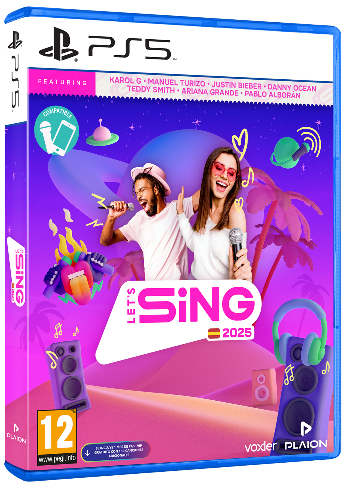 Caja del videojuego Let's Sing 2025 para PS5. Con artistas como Bieber y Grande.