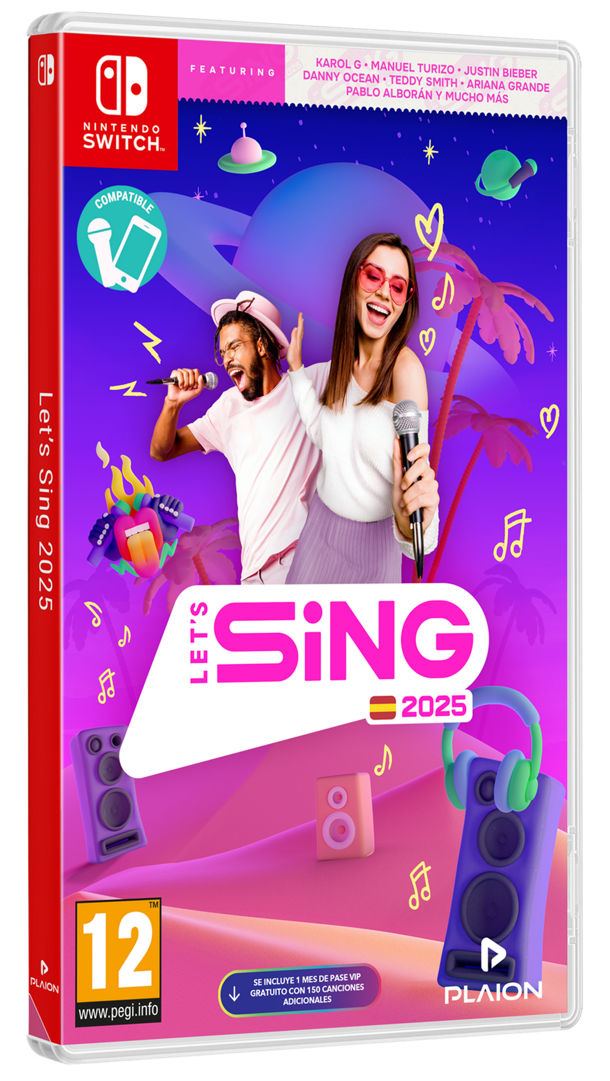 Caja del juego Nintendo Switch para 'Let's Sing 2025' con personajes cantando y elementos musicales.