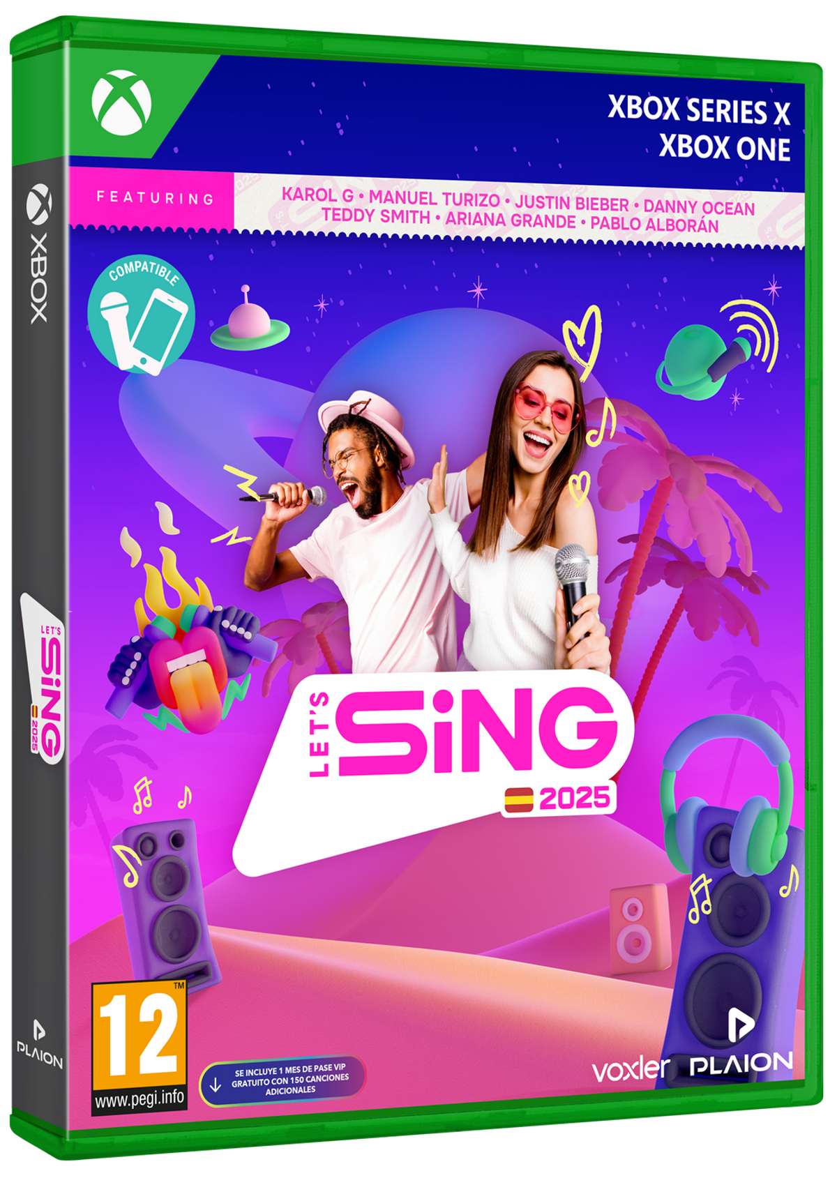 Portada del juego Let's Sing 2025. Presenta a dos personas con micrófonos sobre un fondo rosa y morado.