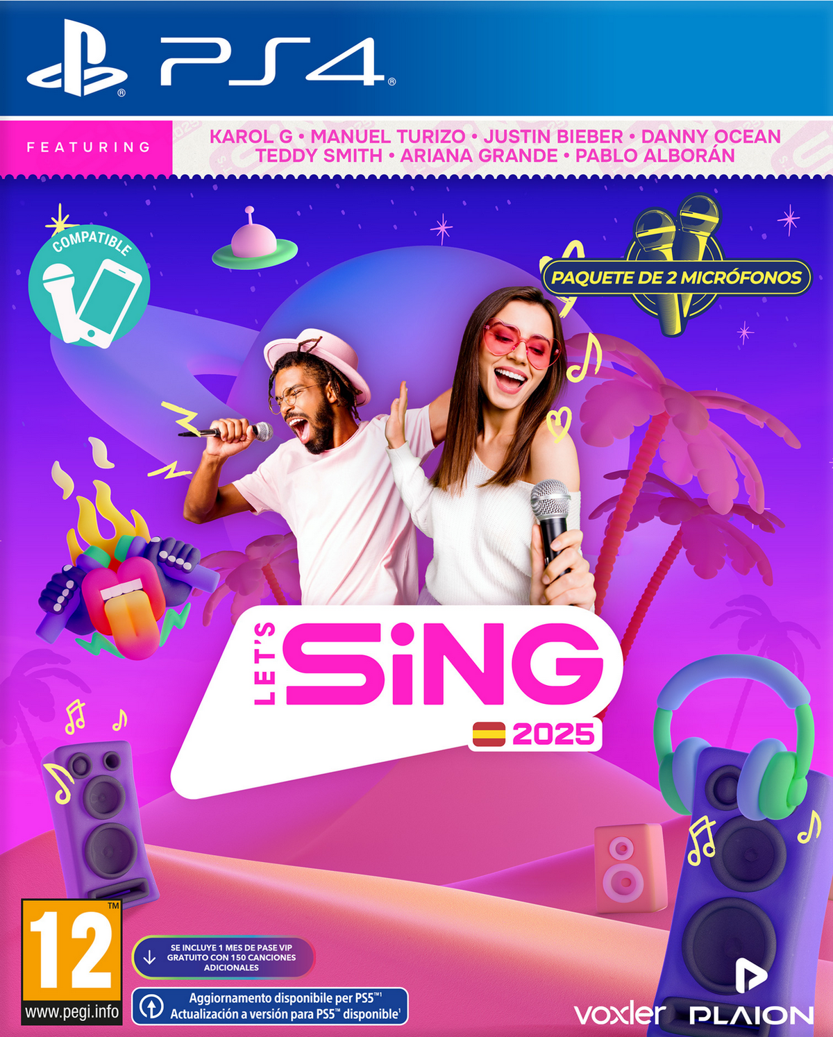 Portada del juego PS4. Dos cantantes con micros. Título: Let's Sing 2025.
