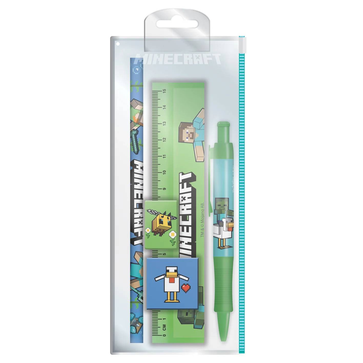 Material escolar con temática de Minecraft en un paquete transparente. Incluye regla, cuadrados y un bolígrafo con personajes de Minecraft.
