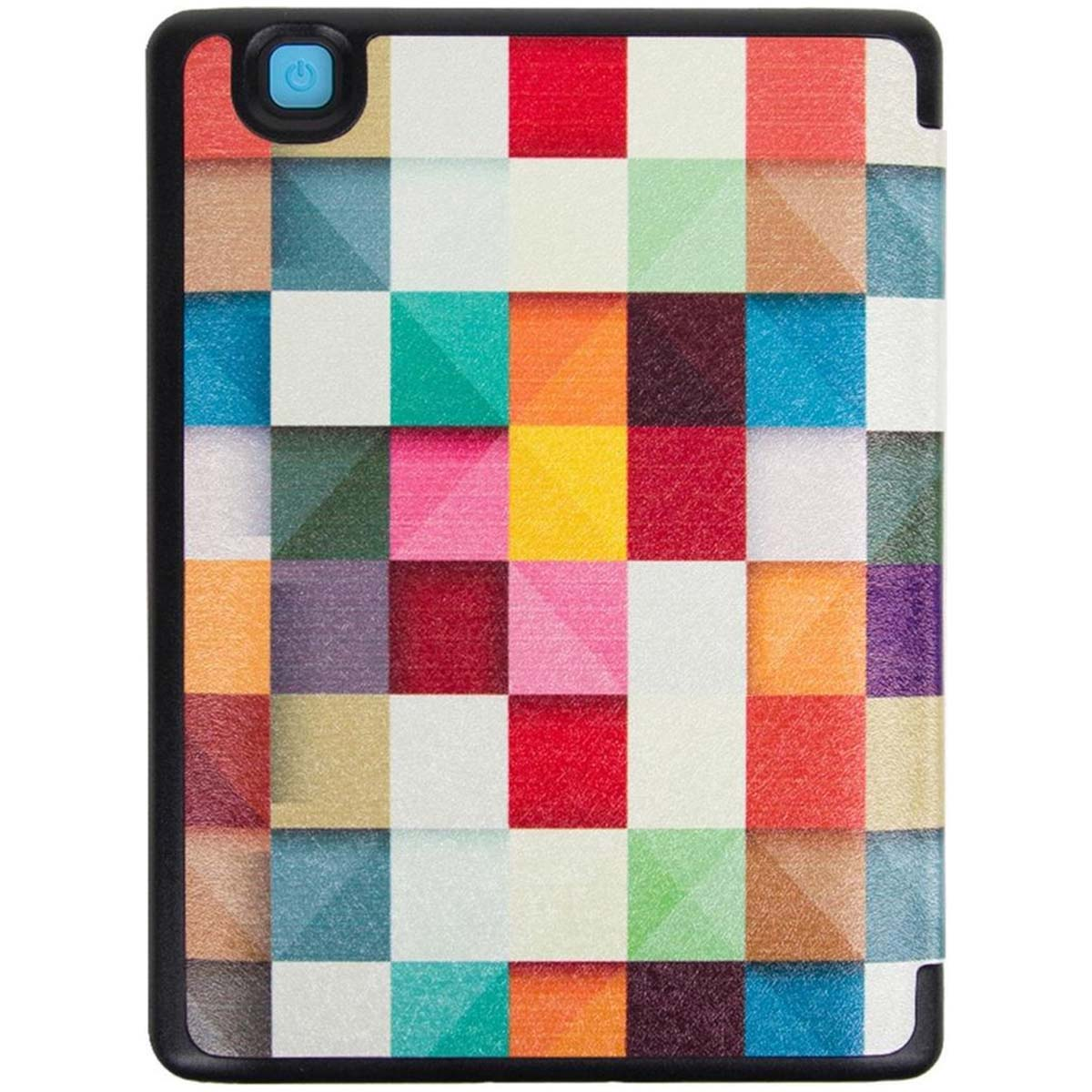 Étui de tablette avec motif de carrés colorés. Bord noir et bouton.