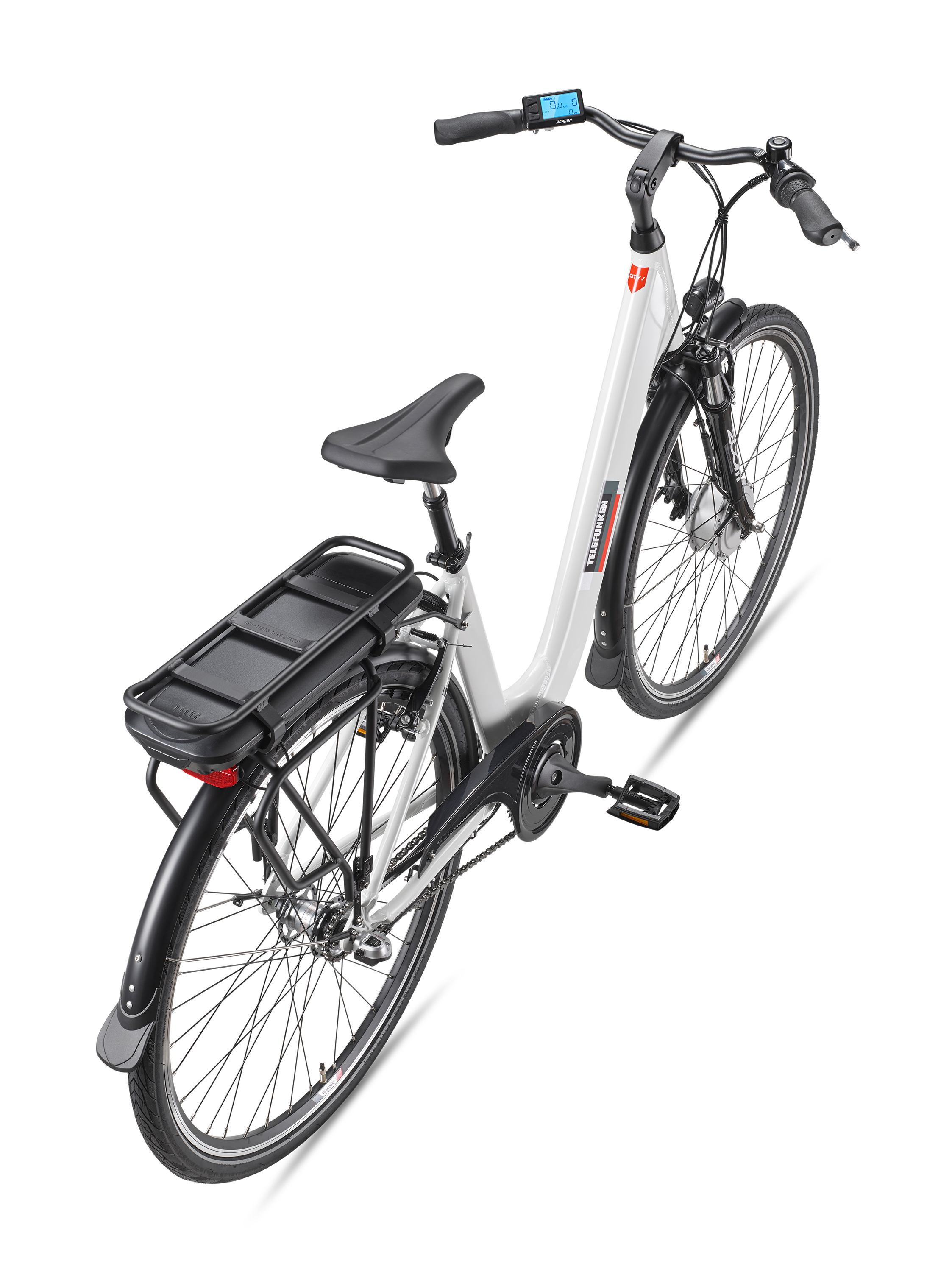 Weißes Elektrofahrrad. Schwarze Details. Draufsicht. Isoliert auf weißem Hintergrund.