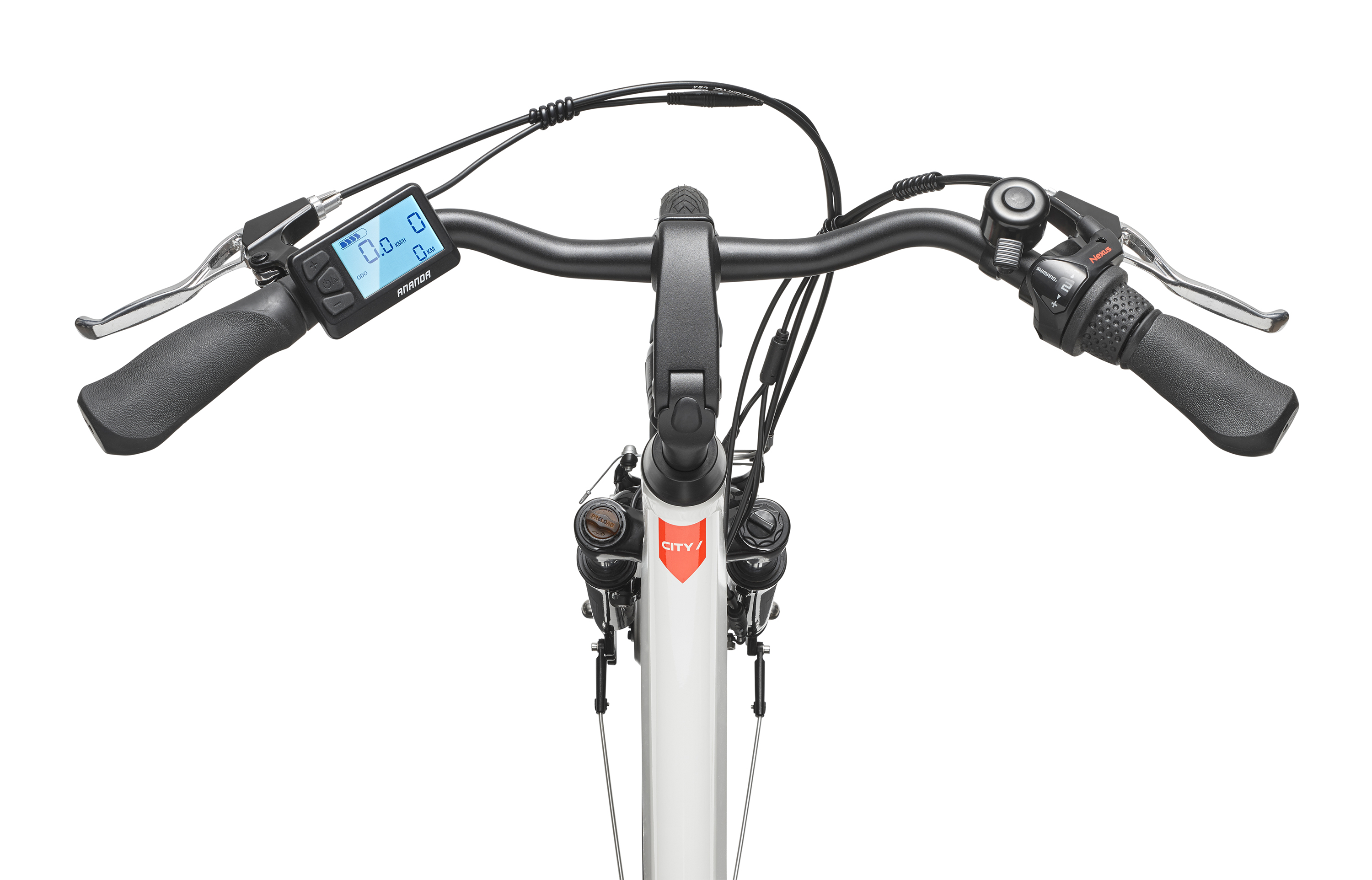 Draufsicht auf einen Fahrradlenker mit Bedienelementen, einschließlich Display und Handgriffen.