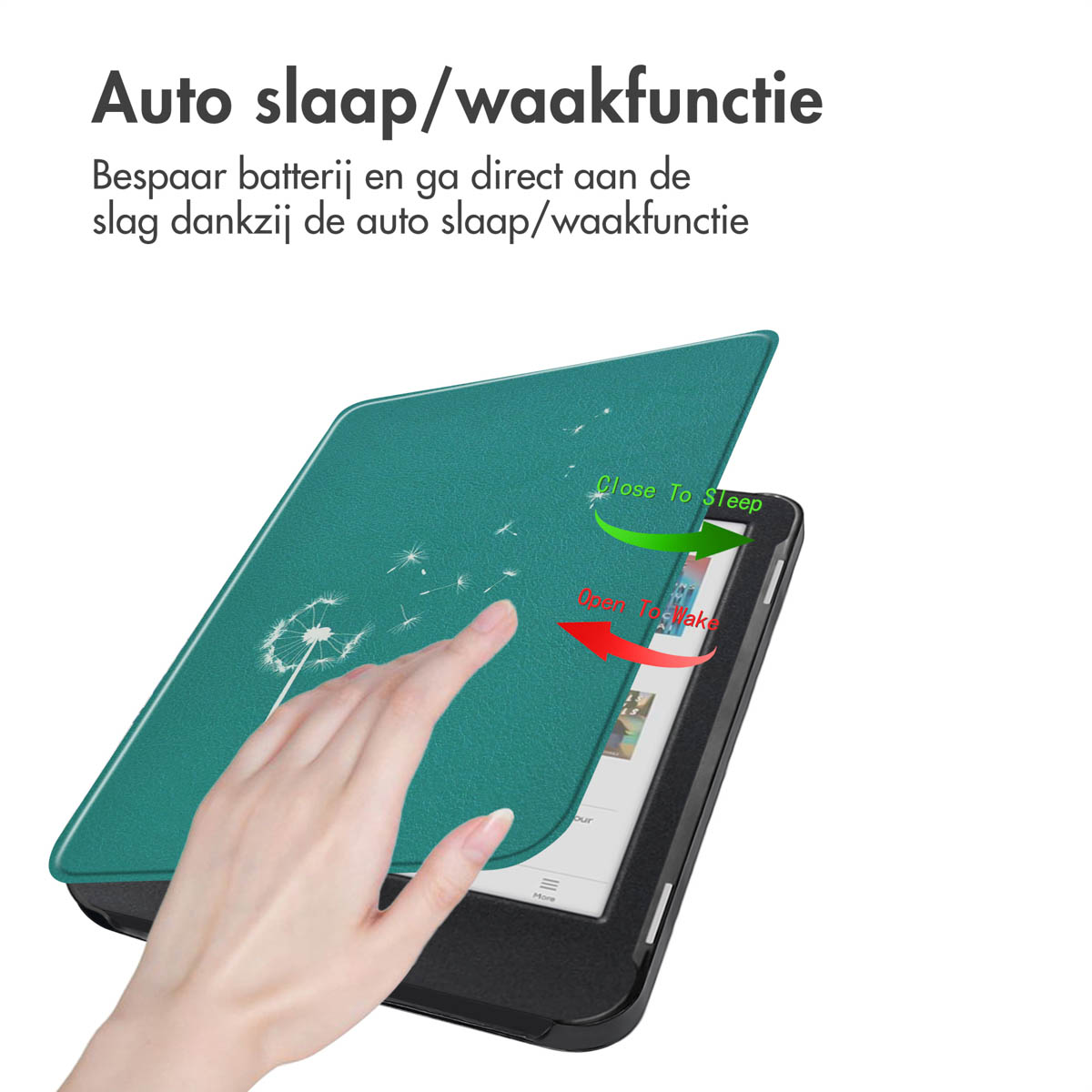 Étui de tablette montrant la fonction ouvrir/fermer et une main la touchant. Texte en néerlandais.