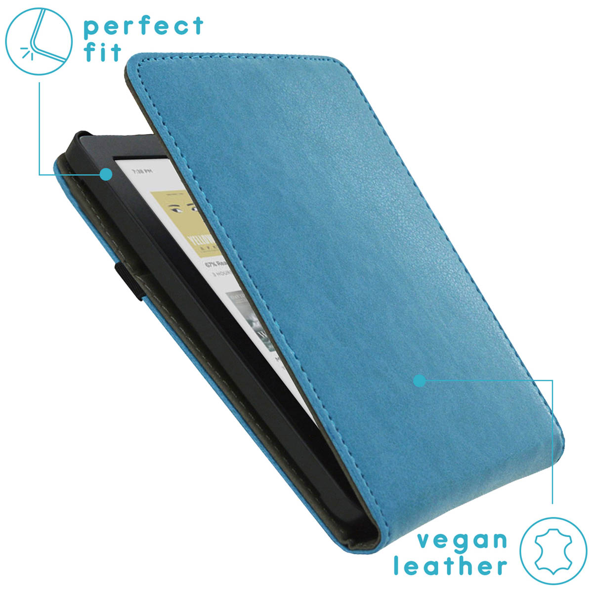 Blue e-reader case open, with e-reader inside. Text on screen. Vegan leather label.